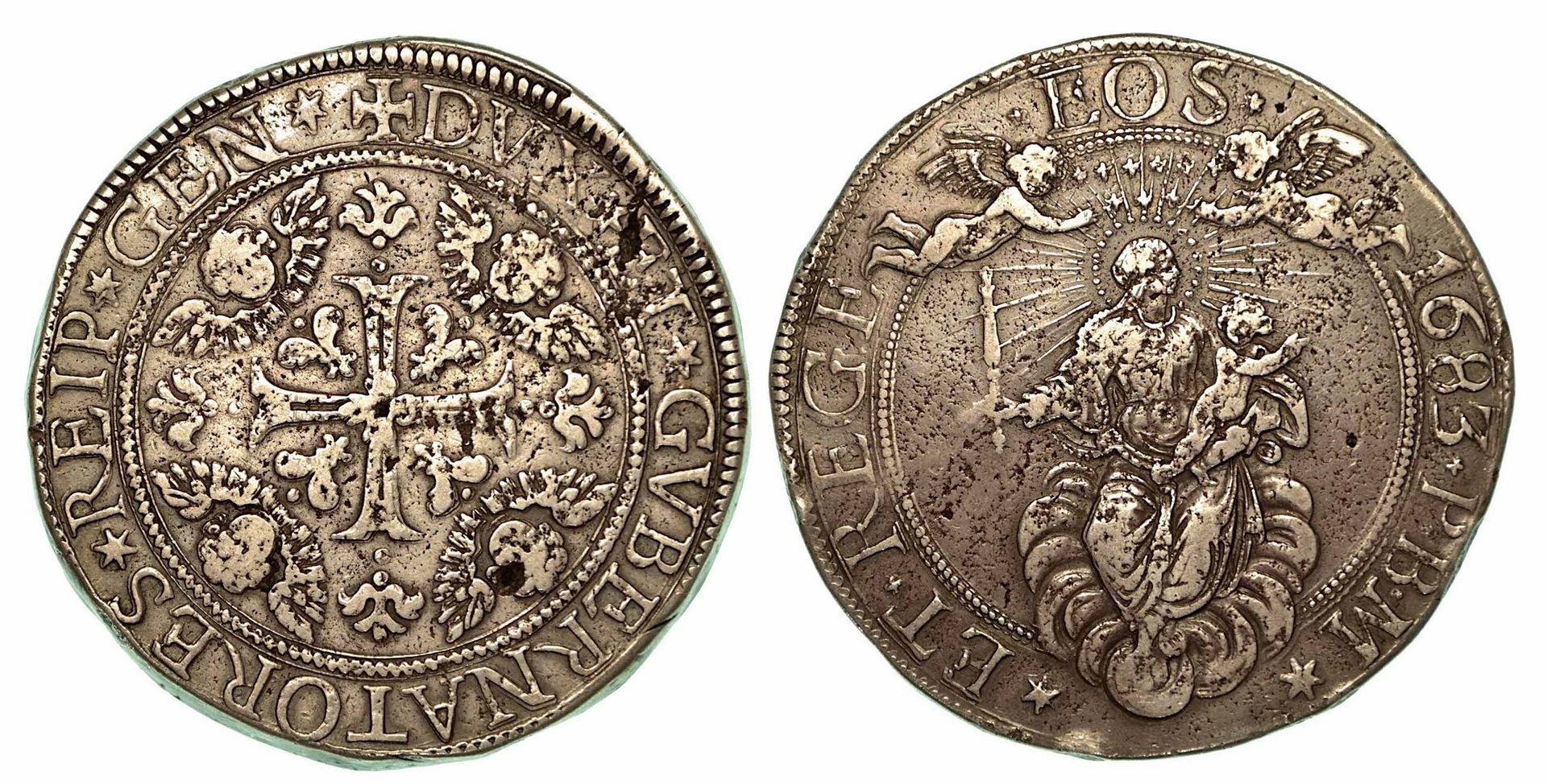 GENOVA. Dogi biennali, 1528-1797., Da 3 scudi 1683. 专利权人的十字架被小天使伸出翅膀的头颅装饰并放在一边。R&hellip;