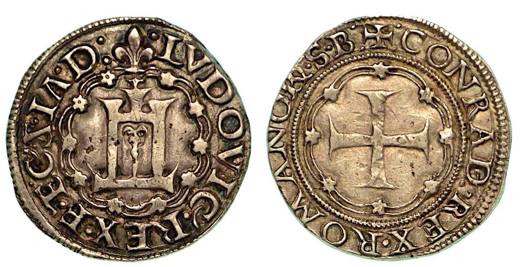 GENOVA. Ludovico XII Re di Francia, 1499-1507., Testone. 城堡上有一朵百合花，在双拱门的框架内，四角有玫&hellip;