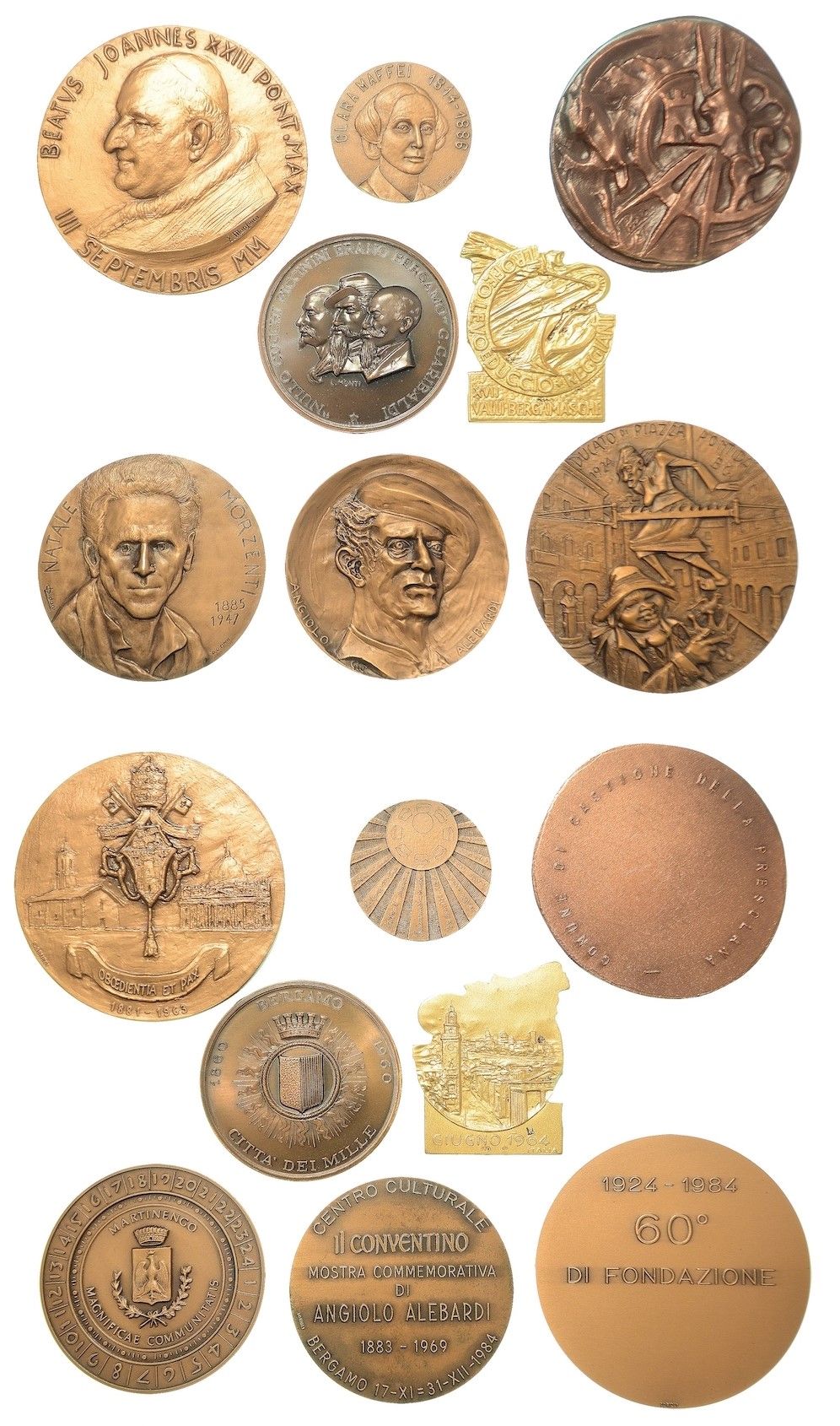 BERGAMO. Lotto di otto medaglie in bronzo., The following subjects are depicted:&hellip;