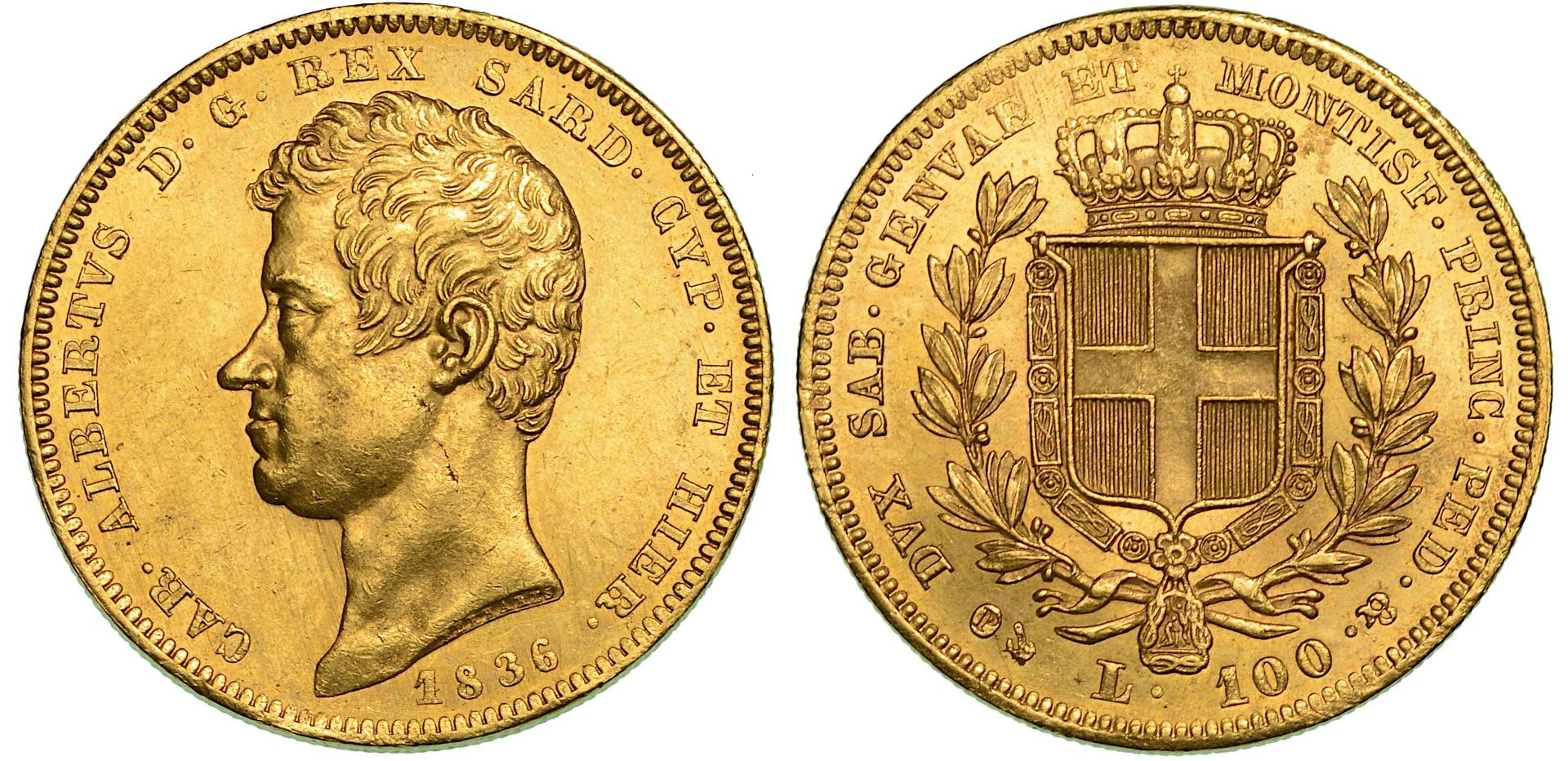 Casa Savoia 撒丁岛王国。萨瓦的卡洛-阿尔贝托，1831-1849。 100里拉 1836年。热那亚。
头朝下，R/萨瓦盾形纹章在两个月桂树枝之间加冠&hellip;