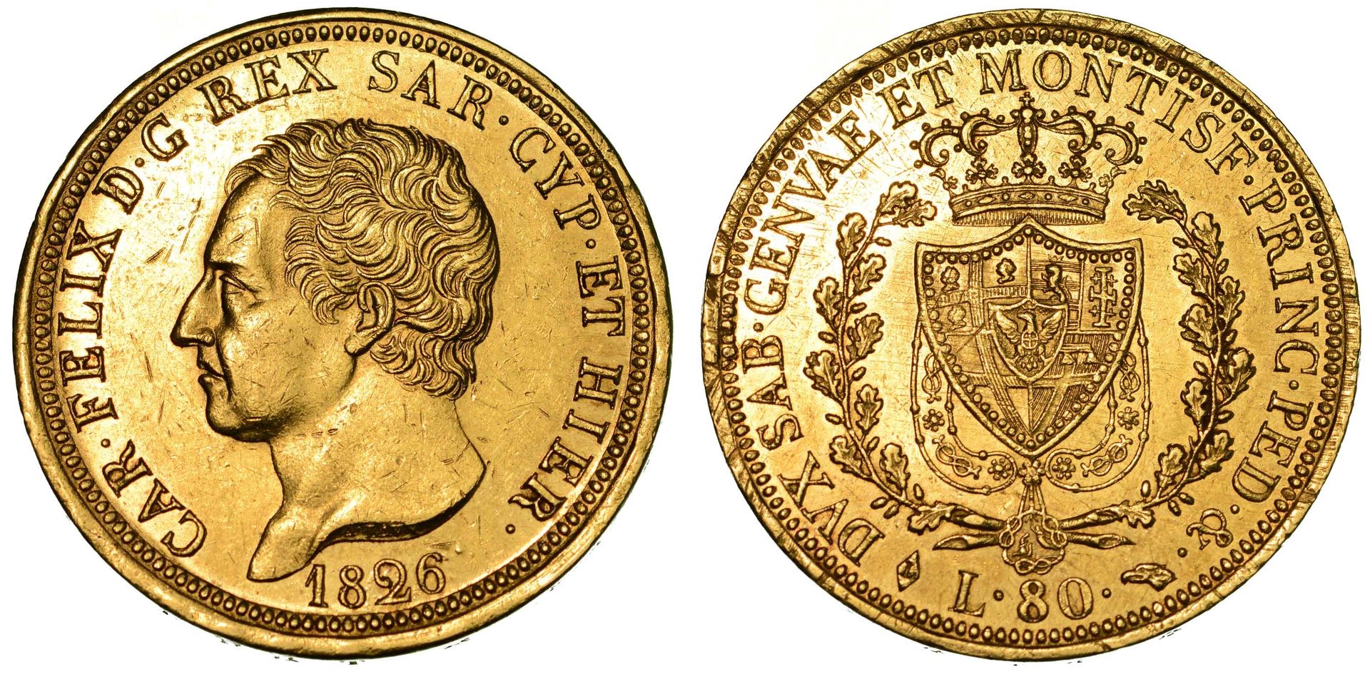 Casa Savoia 撒丁岛王国。CARLO FELICE DI SAVOIA, 1821-1831.都灵。
头部向右转/有四分之一心的盾形纹章，上面悬挂着两&hellip;