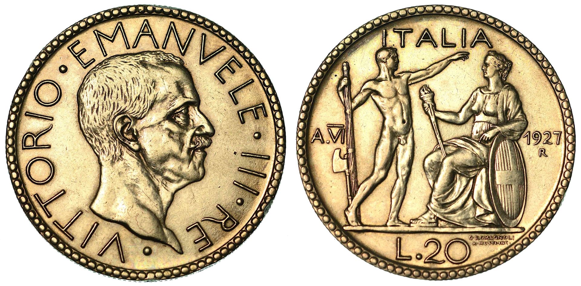 Casa Savoia 意大利王国。维托里奥-埃马努埃莱三世的萨沃伊，1900-1946。20里拉 1927/VI.Lictor。
头部向右，R/Lictor向&hellip;