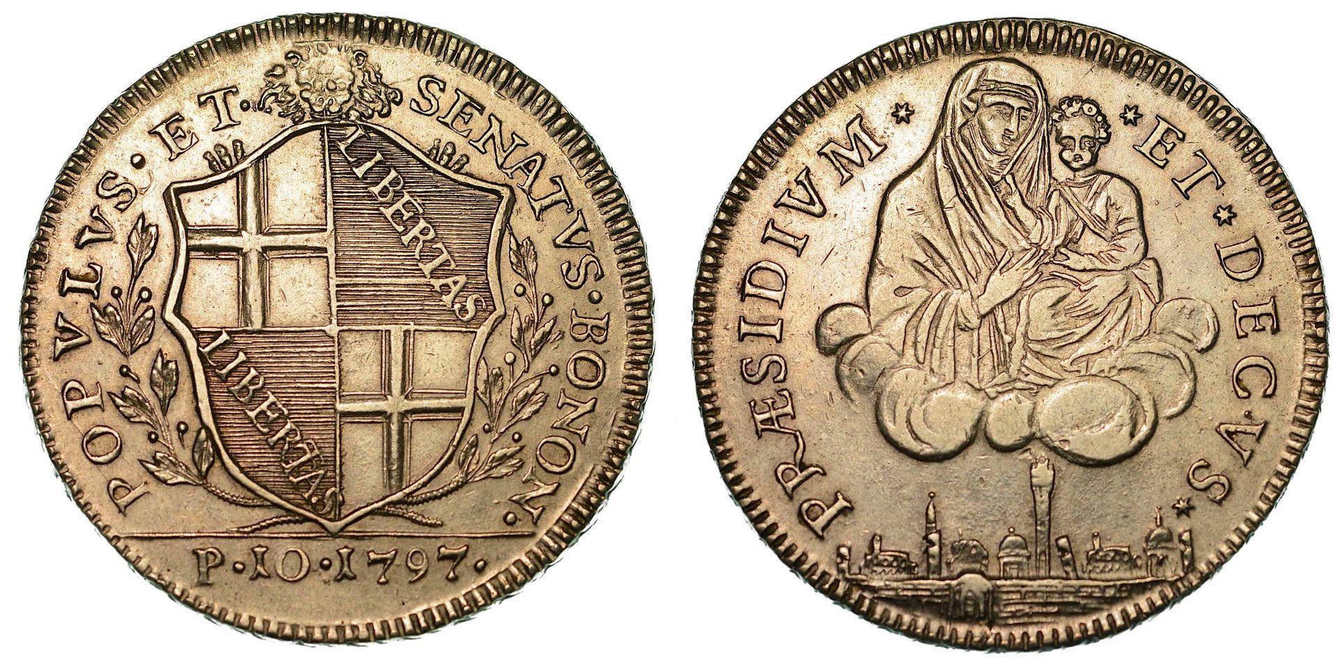 Monete di zecche italiane 博洛尼亚。人民政府，1796-1797。10 Paoli 1797的盾牌。
盾牌在两个月桂树枝之间，上面有一&hellip;