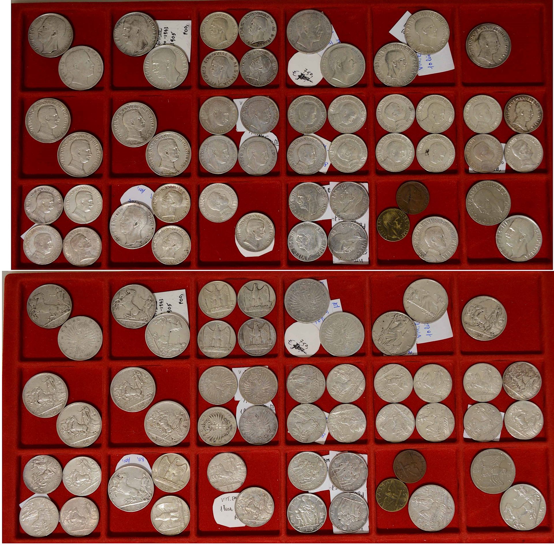 Casa Savoia 意大利王国。一批51枚硬币。
萨瓦的维托里奥-埃马努埃莱三世，1900-1946。10里拉、5里拉、2里拉、1里拉和5分钱的几个例子。特&hellip;