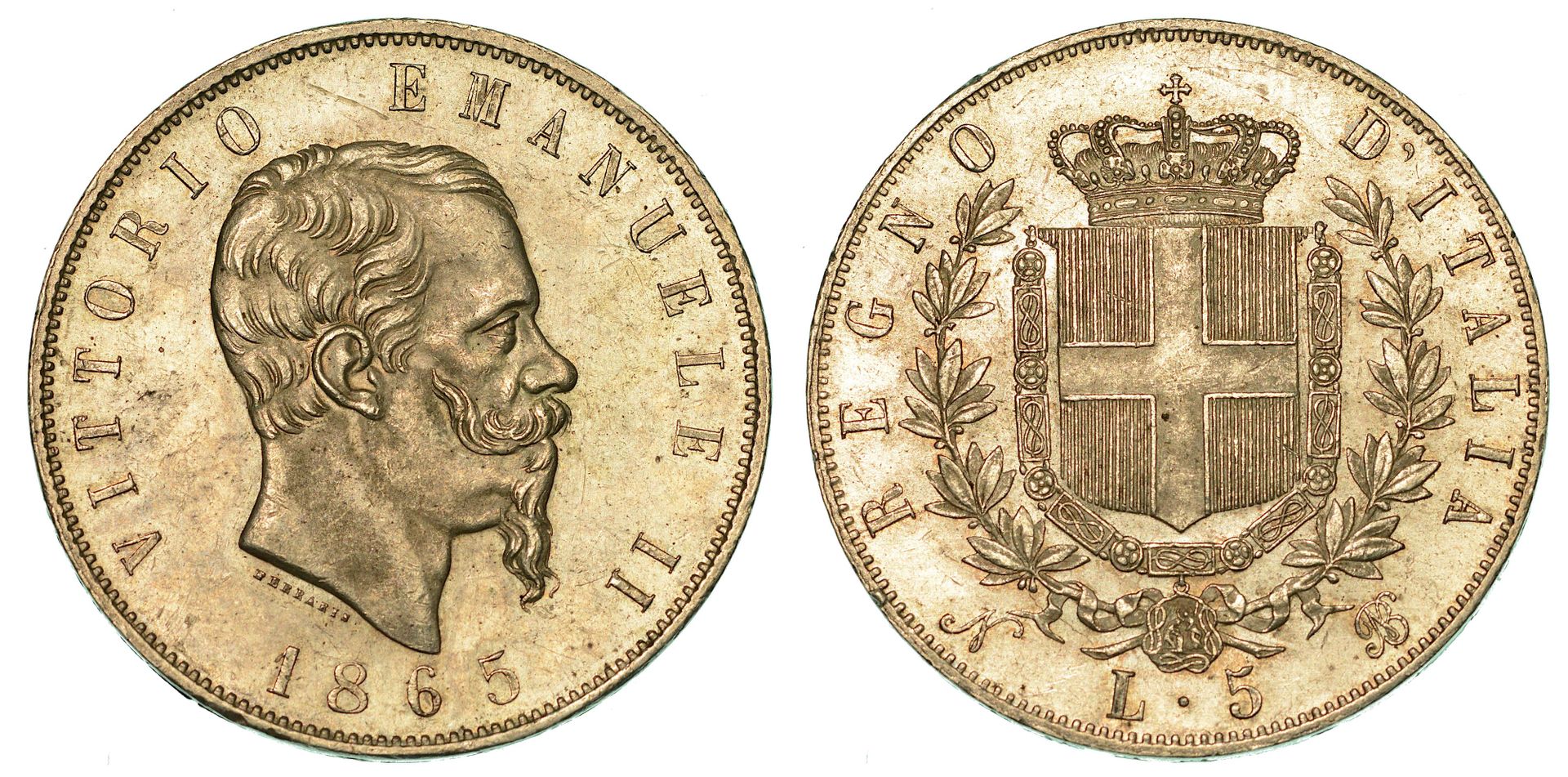 Casa Savoia 意大利王国。维托里奥-埃马努埃莱二世-迪-萨沃亚, 1861-1878.5里拉 1865年。那不勒斯。
头部向右。 R/萨瓦盾形纹章在两&hellip;