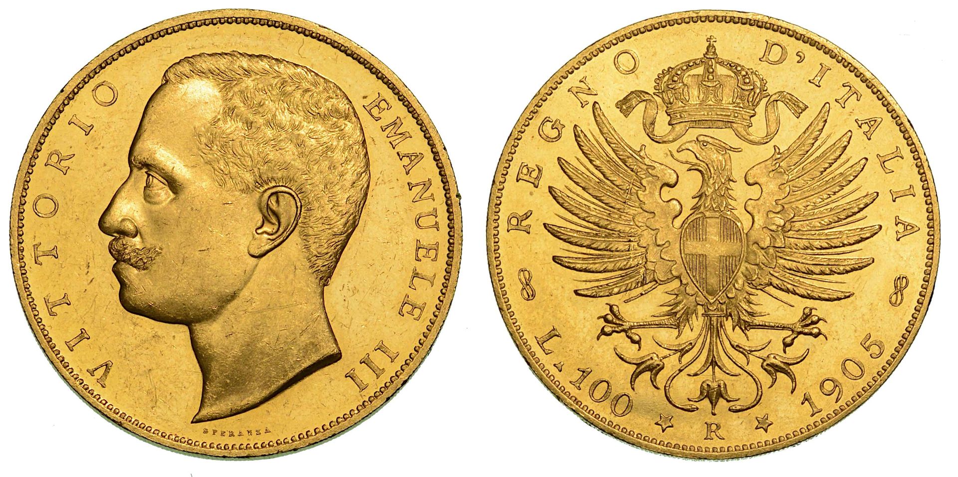 Casa Savoia 意大利王国。维托里奥-埃马努埃莱三世的萨沃伊，1900-1946。 1905年100里拉。萨瓦鹰。
头部向南，R/有皇冠的萨瓦鹰。G. &hellip;
