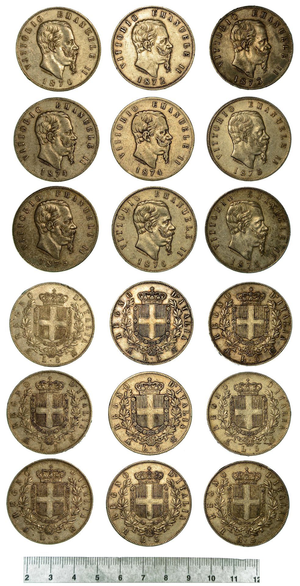 Casa Savoia 意大利王国。本拍品共有9件标本。
萨瓦的维克多-伊曼纽尔二世，1861-1878。5 Lira 1870 M.- 1872 M.- 18&hellip;