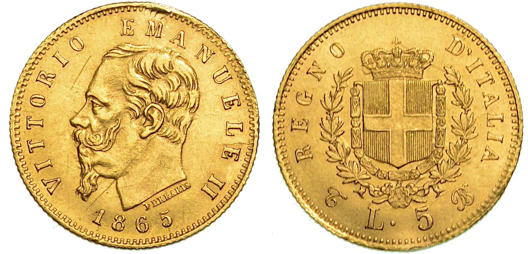 Casa Savoia 意大利王国。维托里奥-埃马努埃莱二世-迪-萨沃亚, 1861-1878.5里拉 1865年。都灵。
头朝下，R/萨瓦盾形纹章在两个月桂树&hellip;
