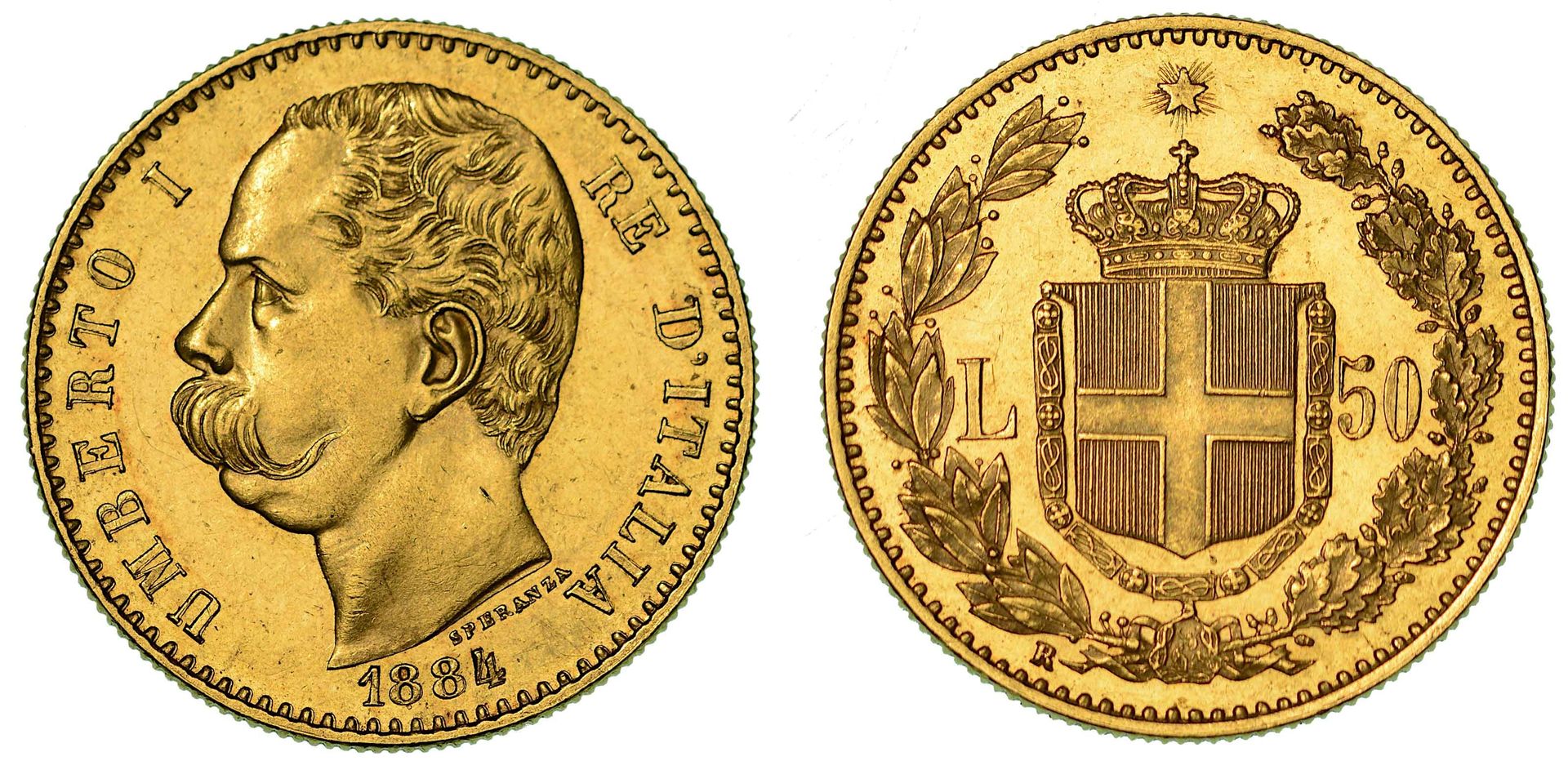 Casa Savoia 意大利王国。萨沃伊的翁伯特一世，1878-1900。50里拉 1884年。
头朝下，R/萨瓦盾徽在橡树和月桂树枝之间加冠。Gig. 6.&hellip;