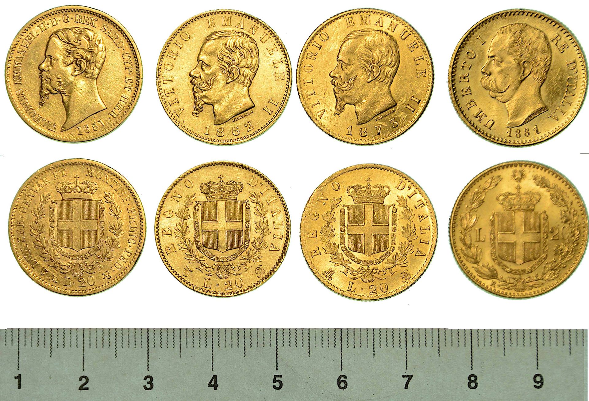 Casa Savoia 意大利。一批四枚硬币。
萨瓦（撒丁王国）的维克多-伊曼纽尔二世，1849-1861。1851年20里拉（热那亚）。巨大。3. G. 6,&hellip;
