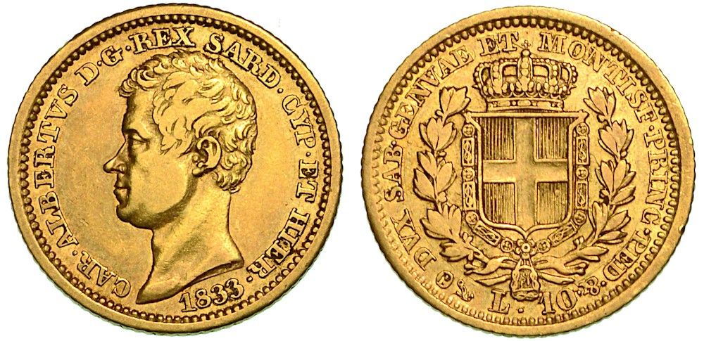 Casa Savoia 撒丁岛王国。萨瓦的卡洛-阿尔贝托，1831-1849。1833年10里拉。热那亚。
头朝下，R/萨瓦盾形纹章在两个月桂树枝之间加冠。巨大&hellip;