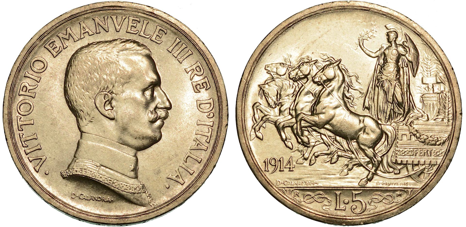 Casa Savoia 意大利王国。维托里奥-埃马努埃莱三世的萨瓦，1900-1946。1914年5里拉。Quadriga Briosa.
半身像，R/带盾牌和&hellip;