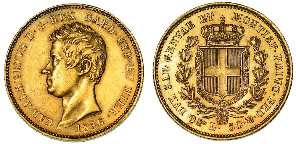 Casa Savoia 撒丁岛王国。萨瓦的卡洛-阿尔贝托，1831-1849。50里拉 1836年。都灵。
头部裸露，向南，R/萨瓦盾形纹章在两个月桂树枝之间加&hellip;
