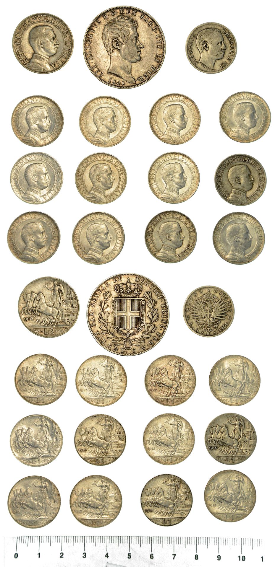 Casa Savoia 萨丁尼亚王国和意大利王国。一批15枚硬币。
萨瓦的查尔斯-阿尔伯特，1831-1849。1848年5里拉（热那亚）（q.BB）。萨瓦的维&hellip;