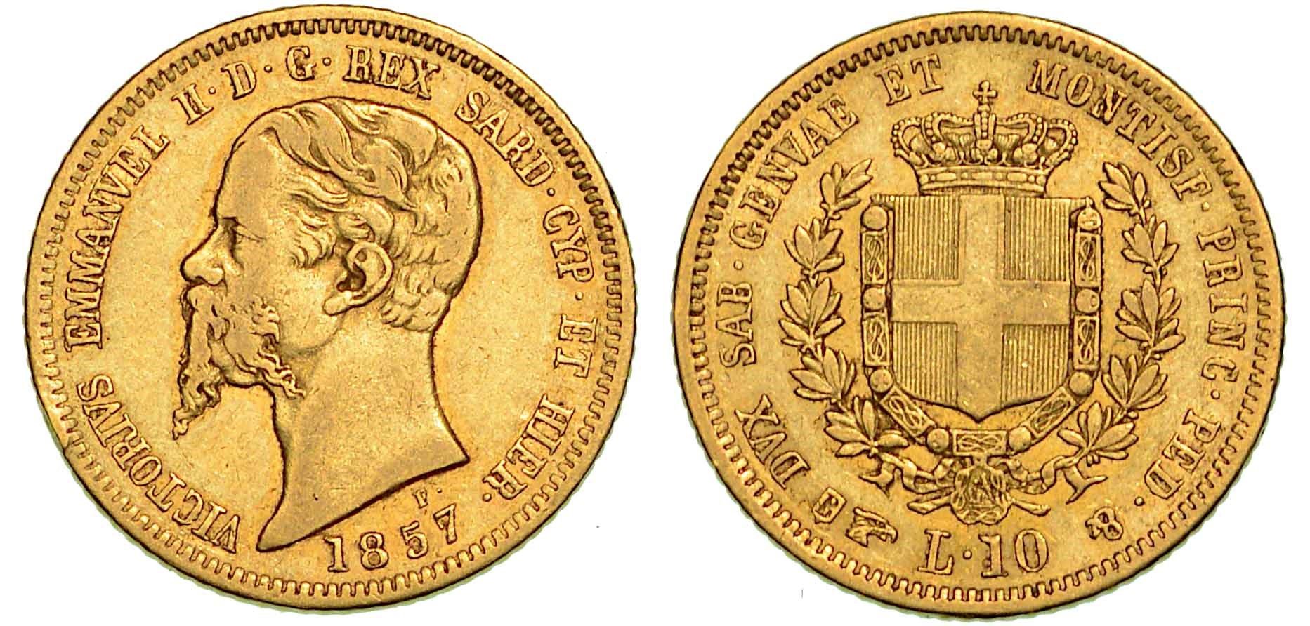 Casa Savoia 撒丁岛王国。维托里奥-埃马努埃莱二世-迪萨沃亚, 1849-1861.10里拉1857年。都灵。
头朝下，R/萨瓦盾形纹章在两个月桂树枝&hellip;