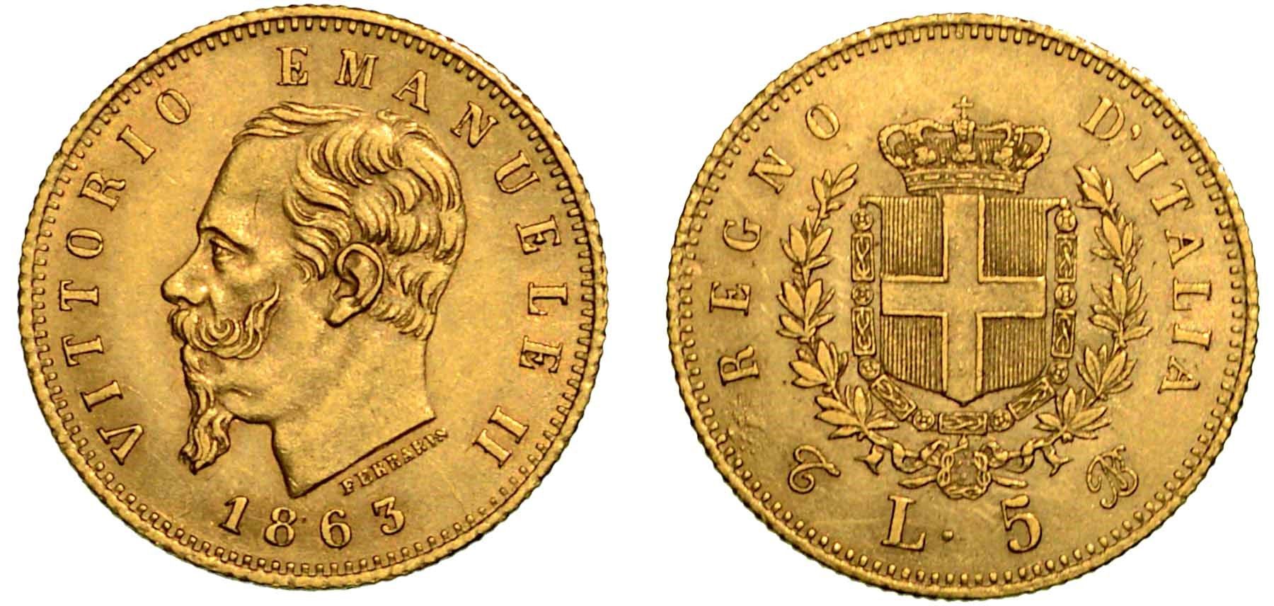 Casa Savoia 意大利王国。维托里奥-埃马努埃莱二世-迪-萨沃亚, 1861-1878.1863年5里拉。都灵。
头朝下，R/萨瓦盾形纹章在两个月桂树枝&hellip;