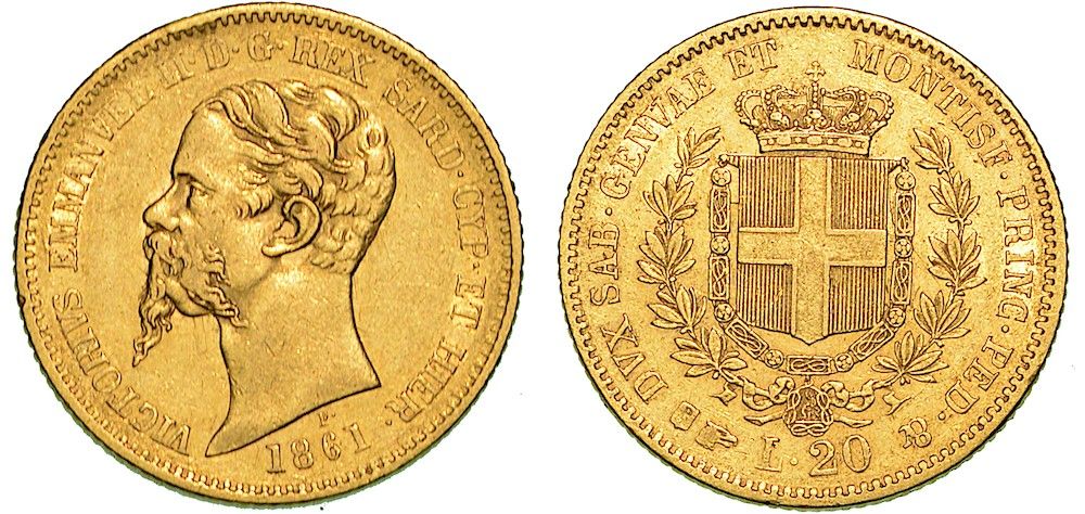 Casa Savoia 撒丁岛王国。维托里奥-埃马努埃莱二世-迪萨沃亚, 1849-1861. 1861年20里拉。都灵。
R/萨瓦的纹章在两个月桂树枝之间加冕&hellip;