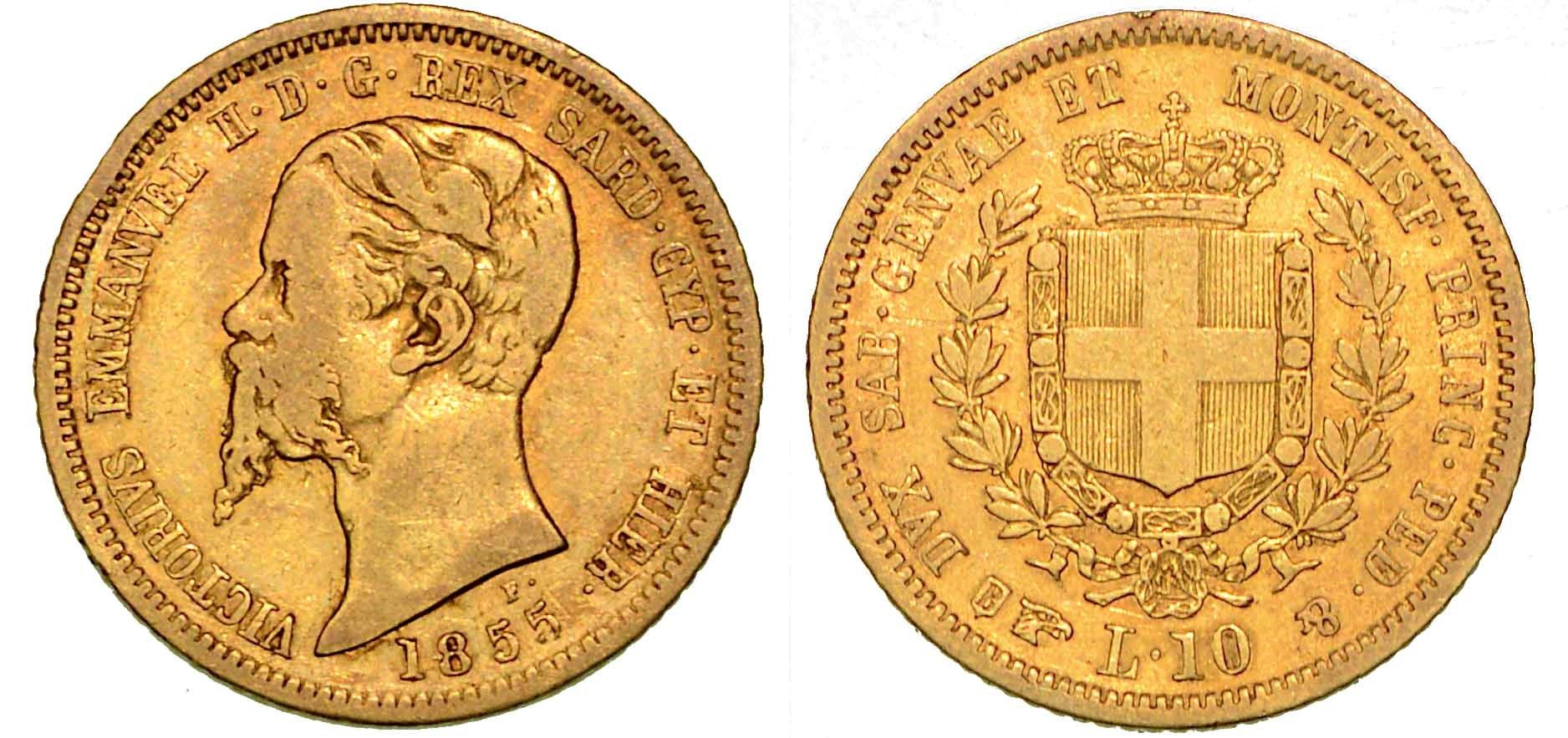 Casa Savoia 撒丁岛王国。维托里奥-埃马努埃莱二世-迪萨沃亚, 1849-1861.1855年10里拉。都灵。
头部l.R/ 纹章加冠，周围有圣母领。&hellip;