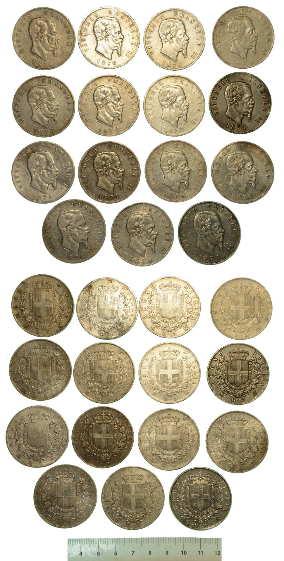 Casa Savoia 意大利王国。一批15个标本。
萨瓦的维克多-伊曼纽尔二世，1861-1878。5 Lira 1870 M.(3个例子) - 1872年M&hellip;