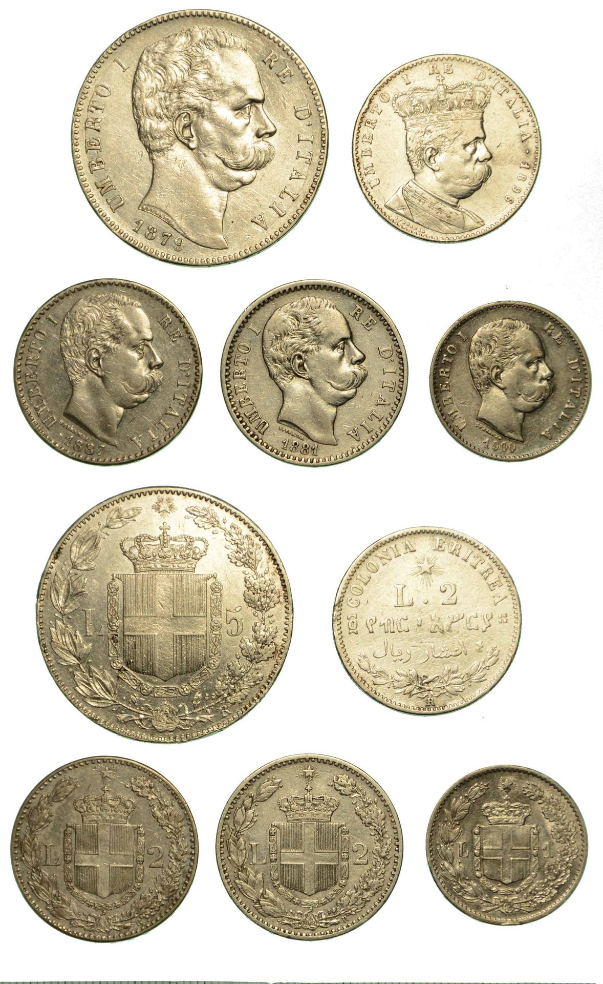 Casa Savoia REGNO D'ITALIA. Lotto di cinque monete.
Umberto I di Savoia, 1878-19&hellip;