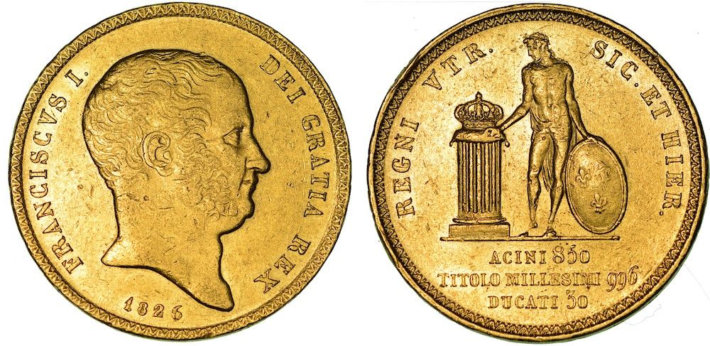 Monete di zecche italiane 那不勒斯。Francesco I di Borbone, 1825-1830。30 Duchies 1826&hellip;