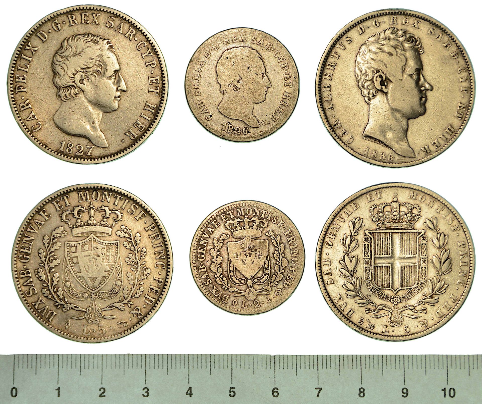 Casa Savoia 撒丁岛王国。一批三枚硬币。
萨沃伊的卡洛-费利斯，1821-1831年。5 Lira 1827 T. Gig.46.(MB - 清洁划痕&hellip;