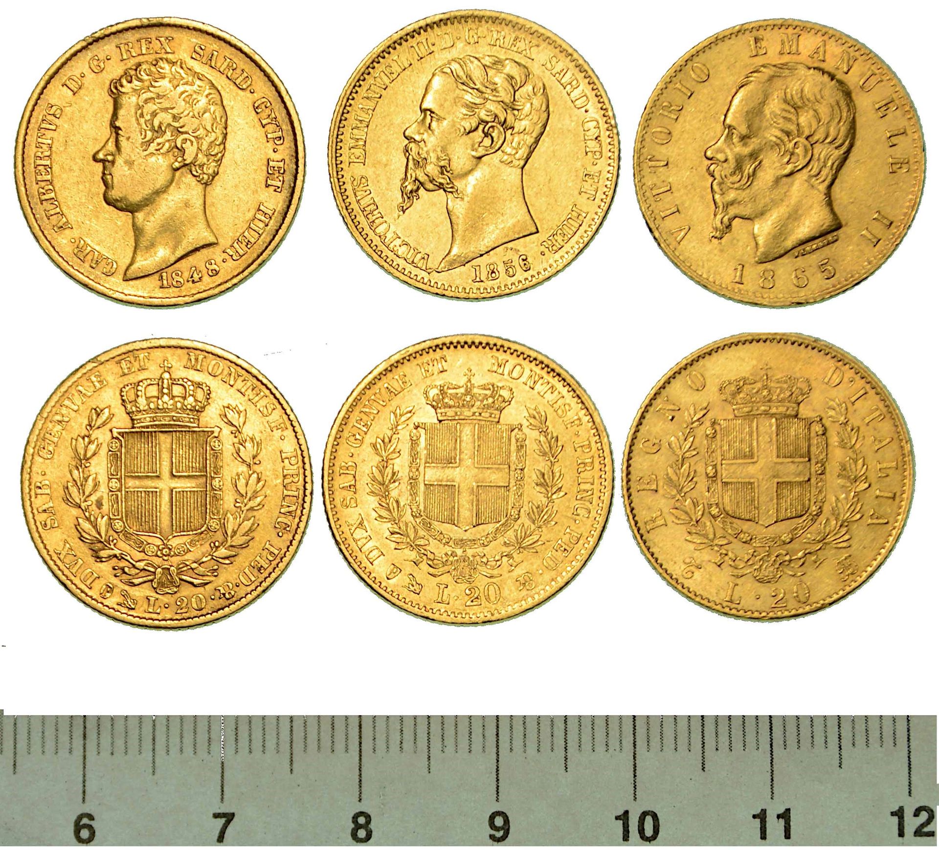 Casa Savoia 意大利。一批三枚硬币。
萨瓦的查尔斯-阿尔伯特，1831-1849。1848年20里拉（热那亚）。巨大。43. G. 6,42.Gold&hellip;