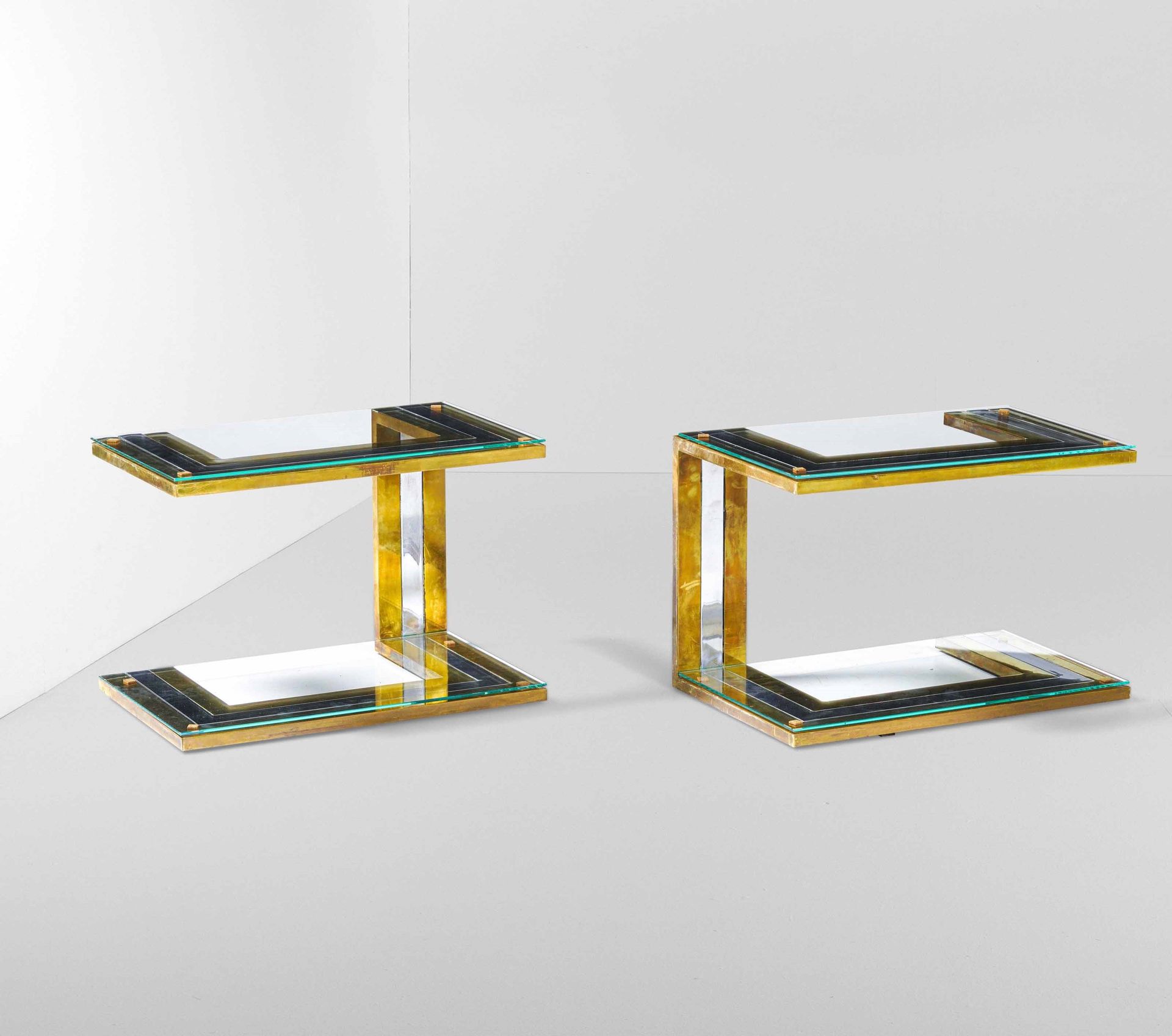 Sandro Petti Pair of low tables with brass and chromed metal frame, beveled glas&hellip;