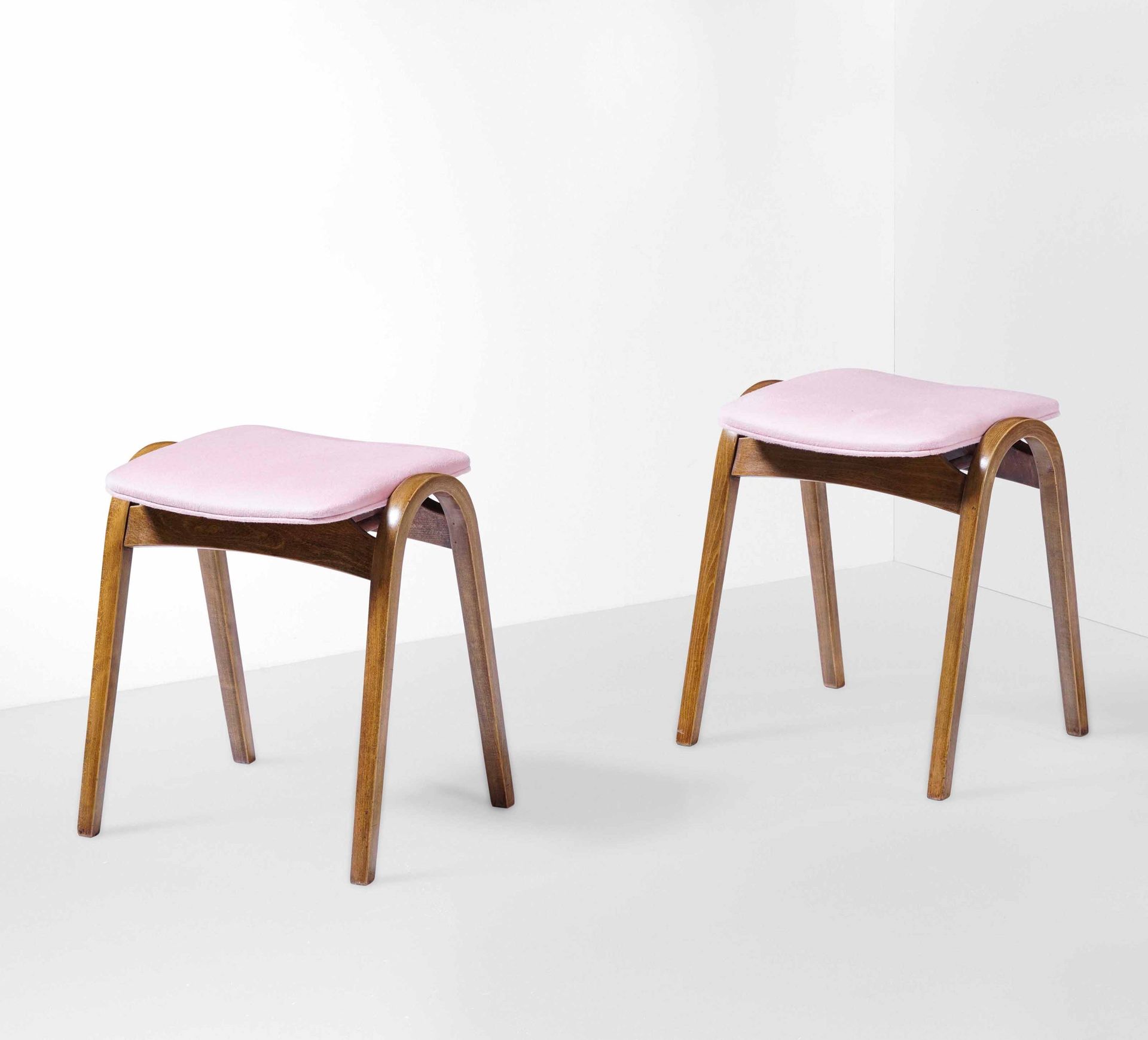 ISAMU KENMOCHI Two stools with wooden frame and fabric upholstery, Prod. Akita M&hellip;