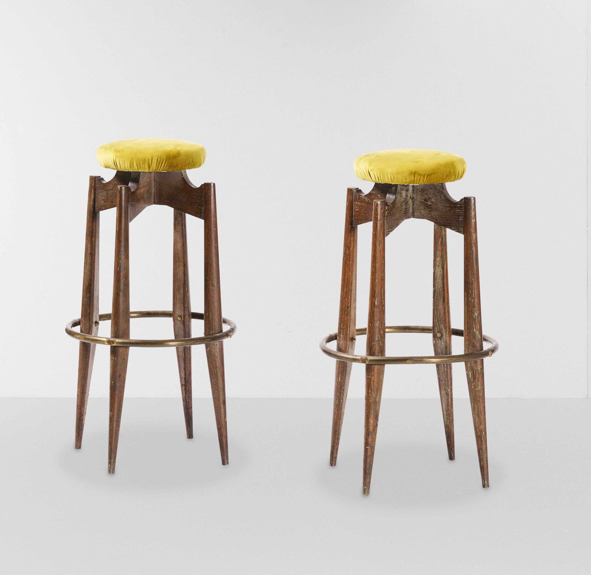 Pierluigi Colli Pair of stools with wood and brass frames. Fabric upholstery., O&hellip;