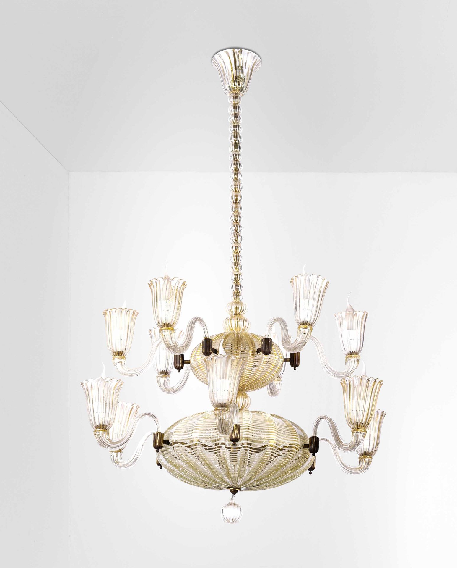 Barovier e Toso Suspension lamp with brass frame and Murano glass diffuser eleme&hellip;