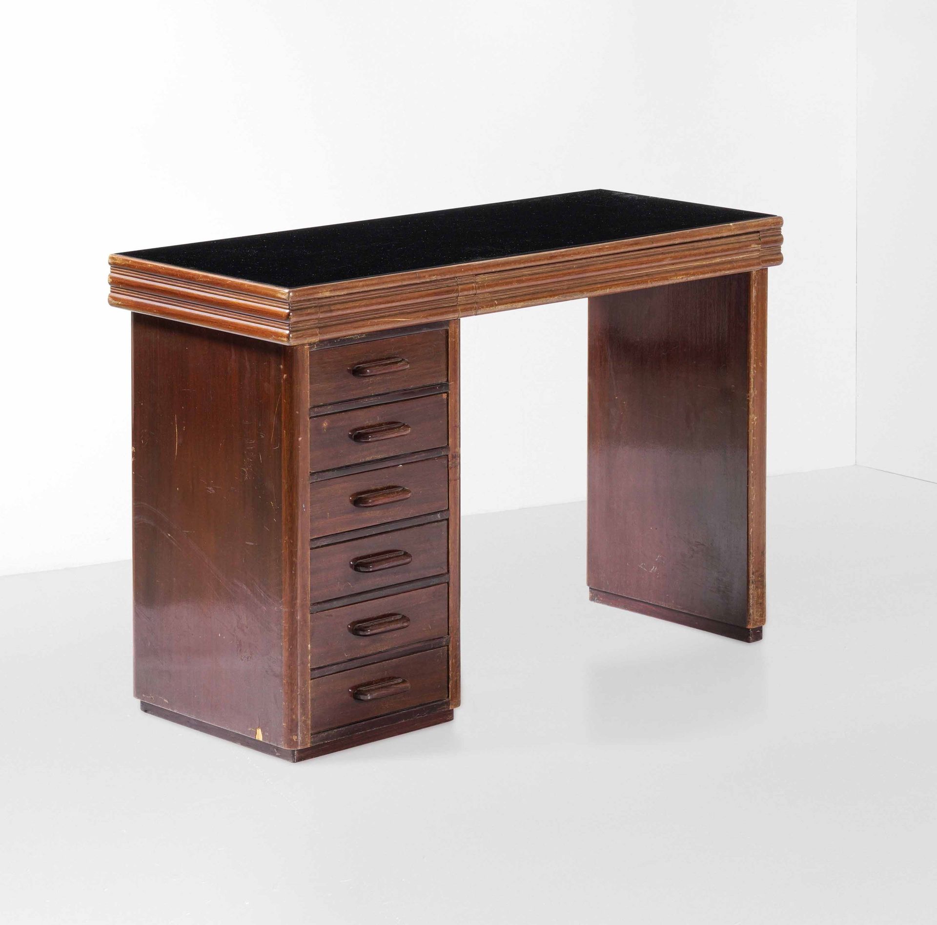 OSVALDO BORSANI Wood-framed desk with recessed stained glass top. Grissinato woo&hellip;