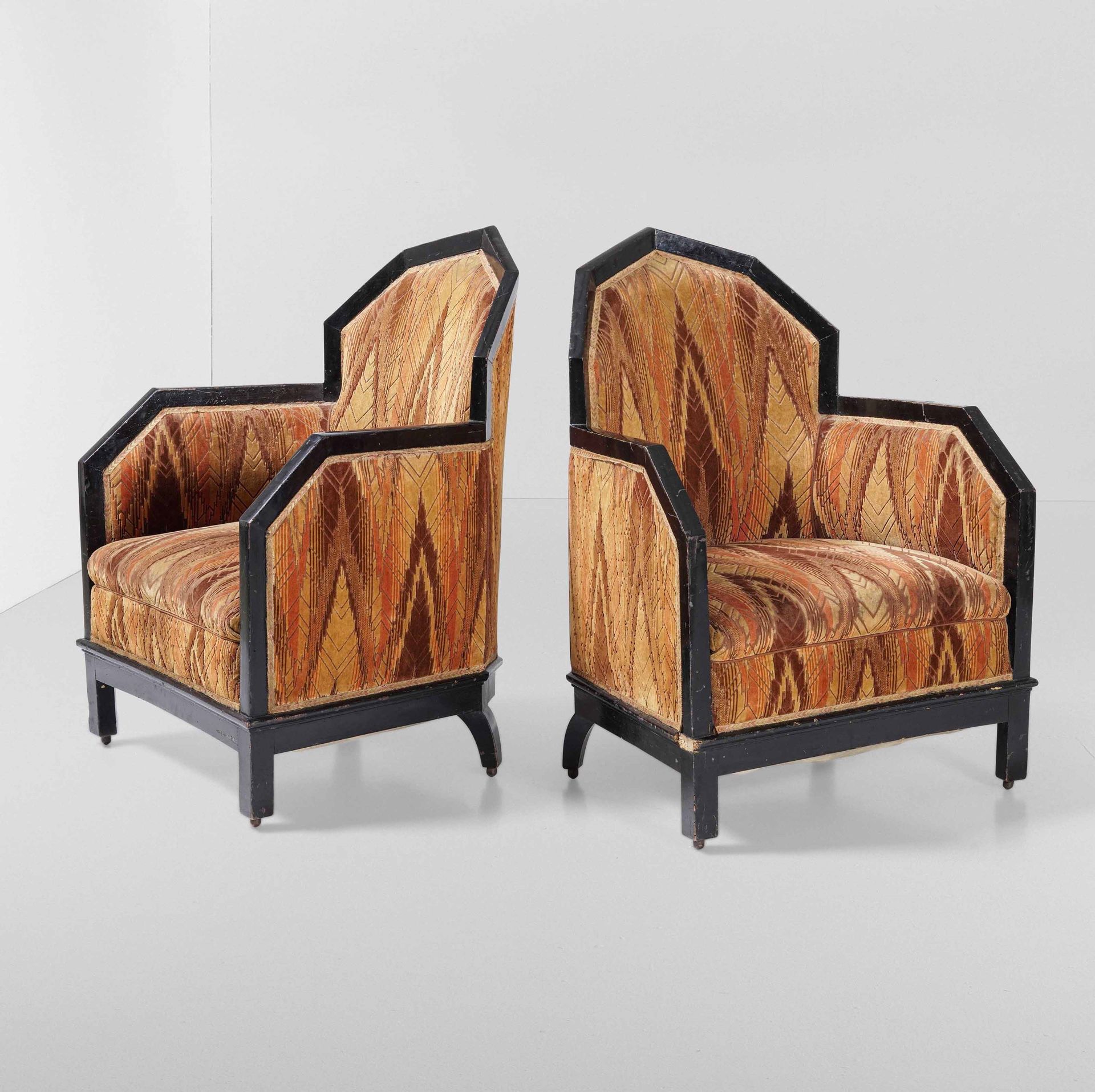 Gaetano Borsani Pair of ebonized wood armchairs with original fabric covers. , P&hellip;