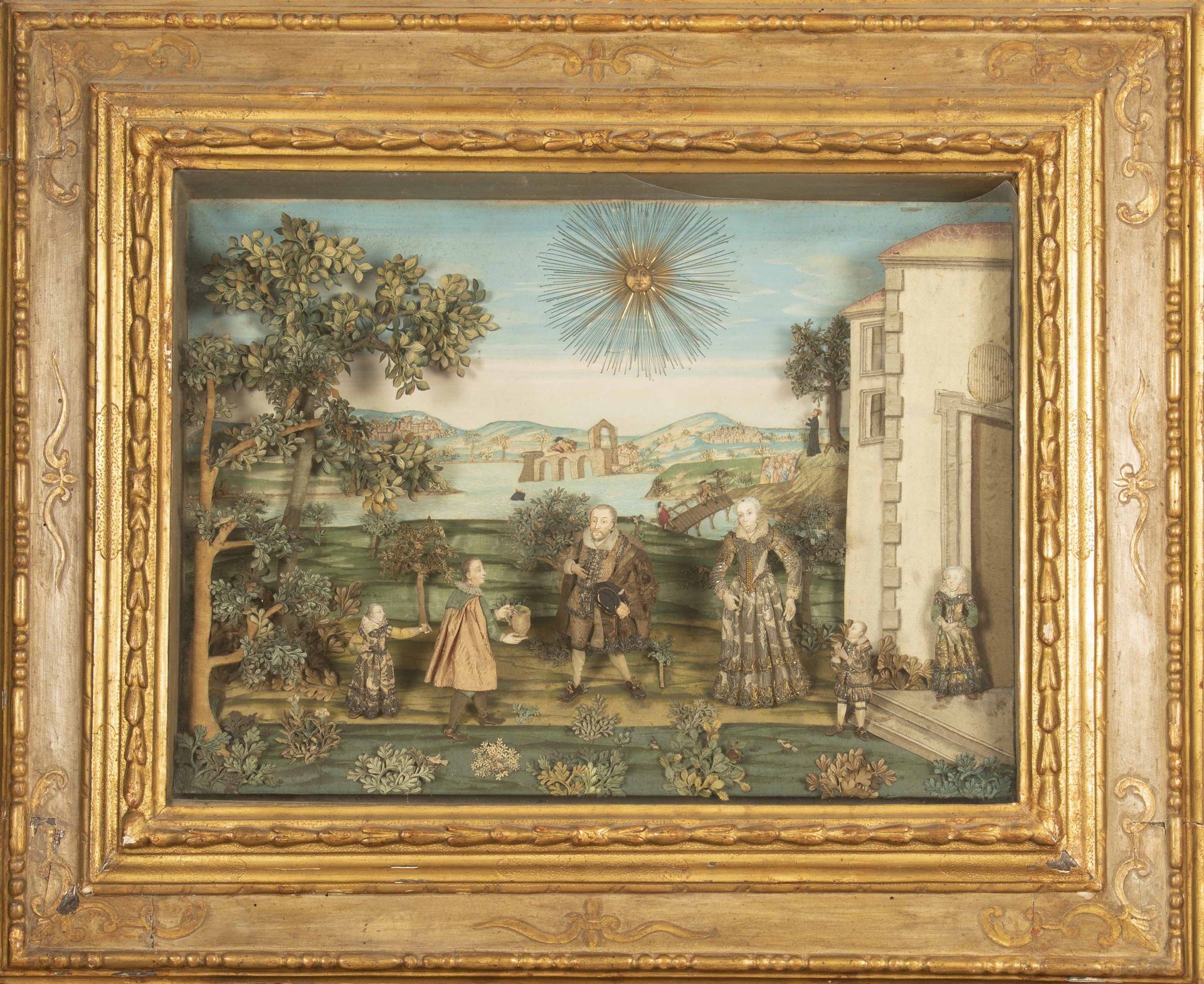 Diorama in carta raffigurante scena di corte in un paesaggio. XVIII secolo Figur&hellip;