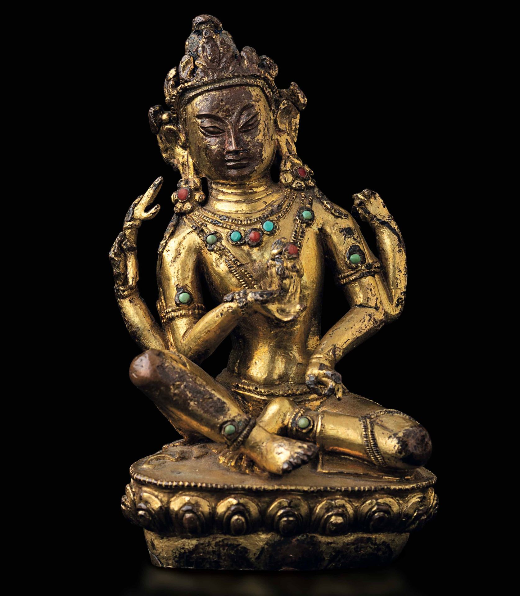 A gilt bronze Avalokitesvara, Tibet, 14/1500s Traces of polychromy and semi-prec&hellip;
