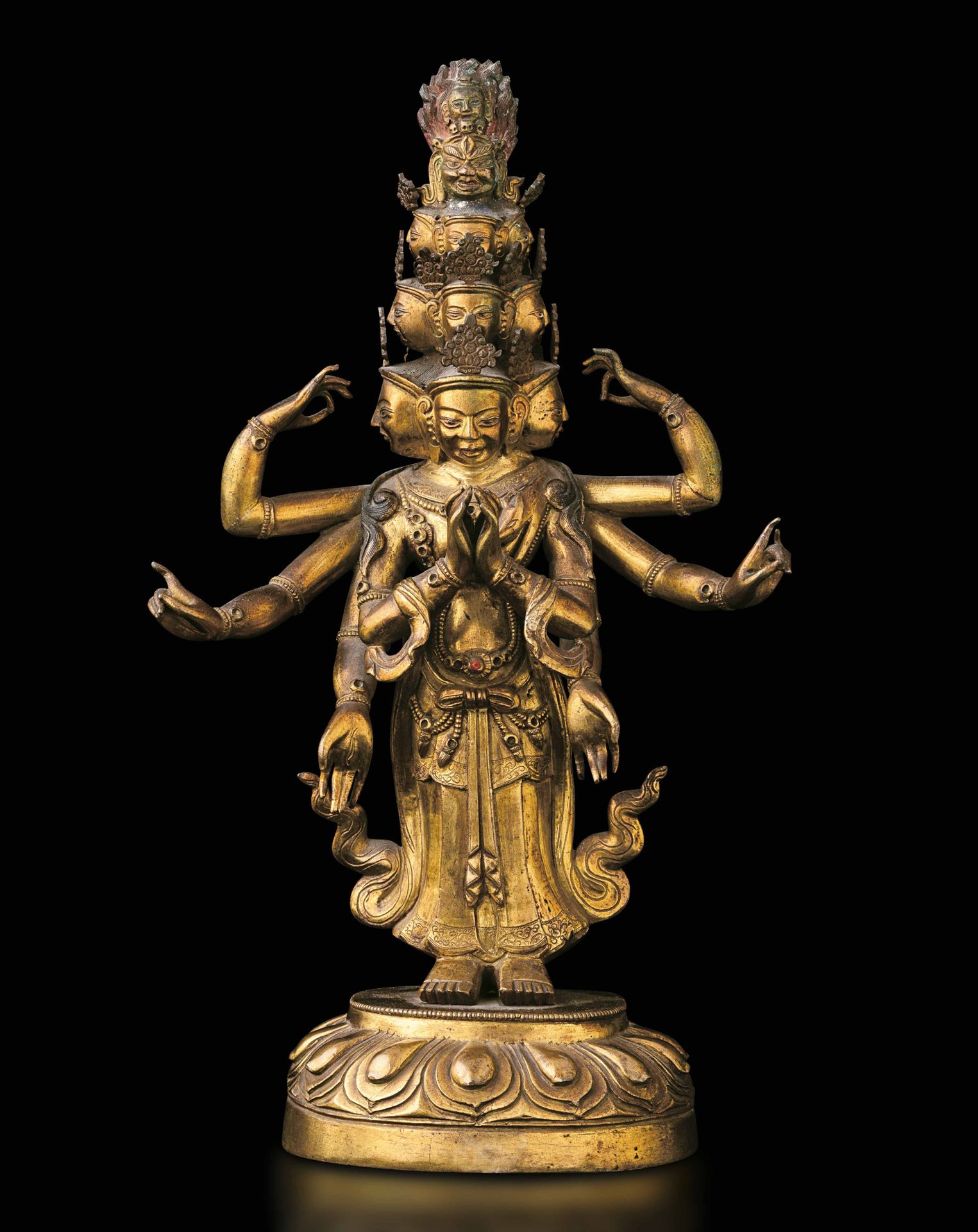 A gilt bronze Ekadasamukha-Avalokitesvara, Tibet, 1700s Traces of polychromy and&hellip;