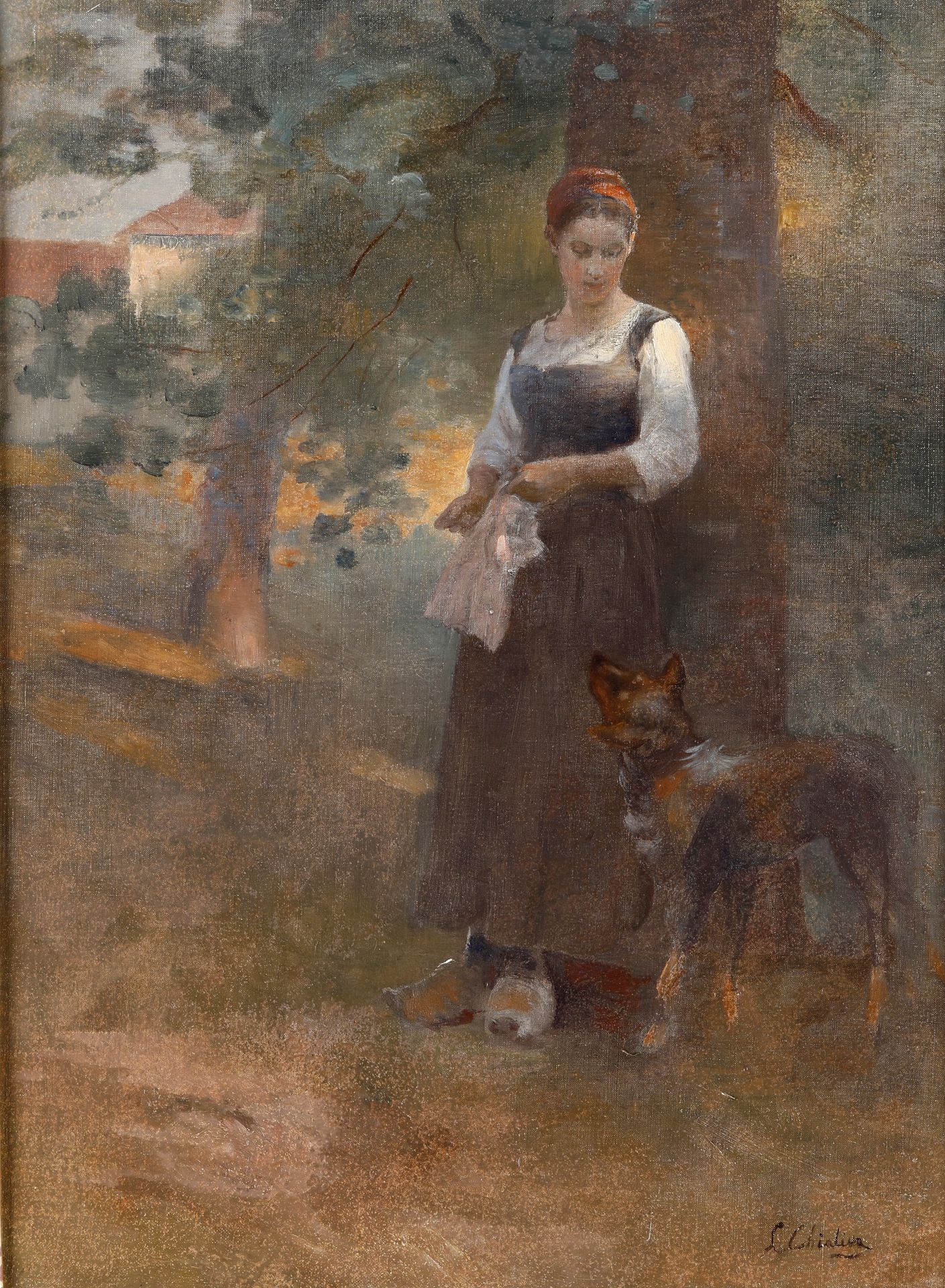 Luigi Chialiva 1842-1914 Figure féminine avec chien signée en bas à droite cm 47&hellip;