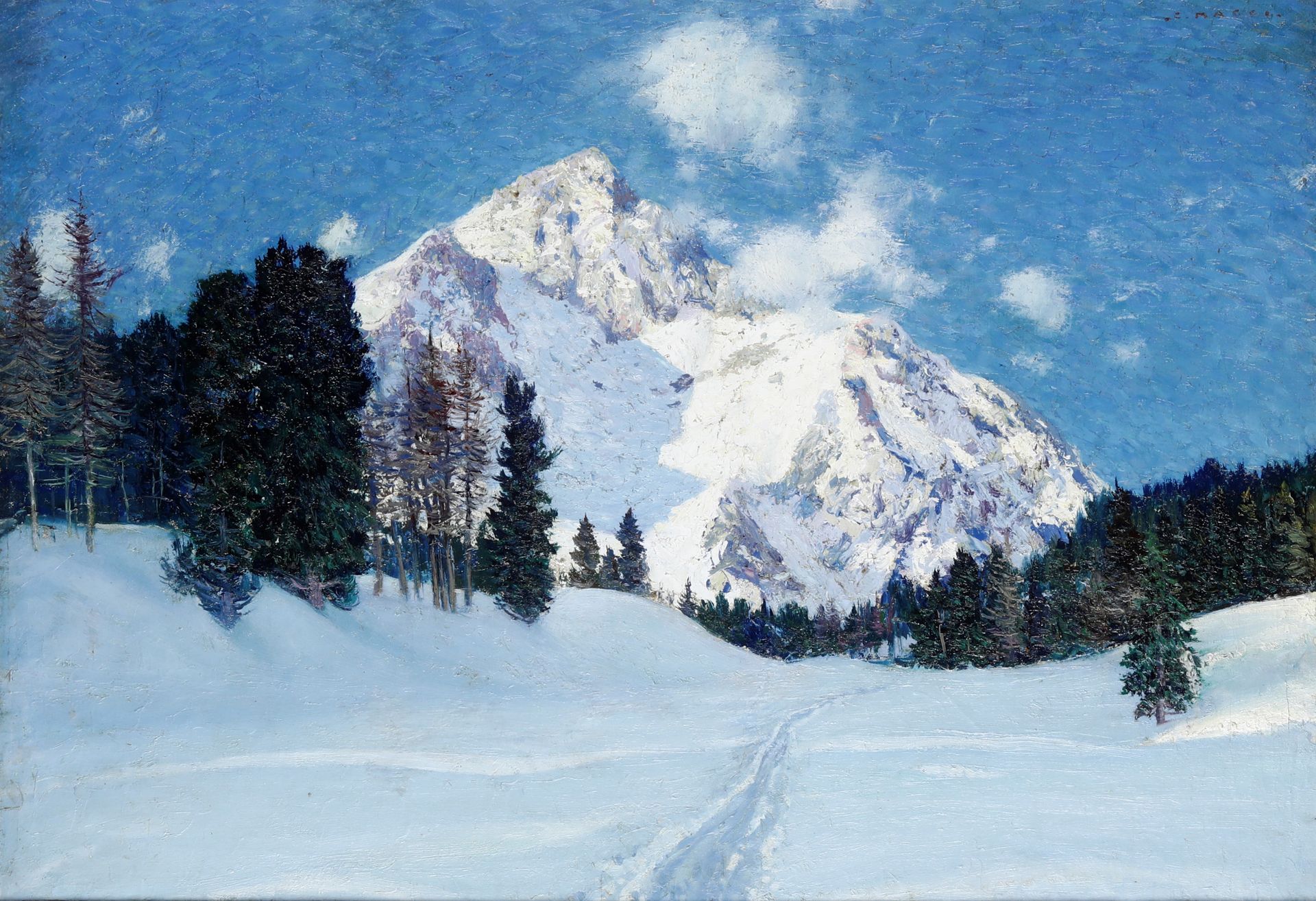Cesare Maggi 1881-1961 Vue d'une montagne enneigée signée en haut à droite cm 99&hellip;