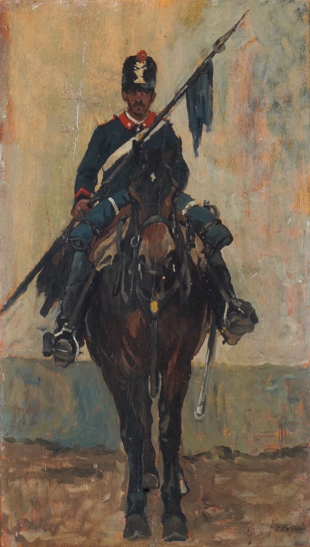 Giovanni Fattori 1825-1908 Soldat à cheval signé en bas à droite cm 18X30 huile &hellip;