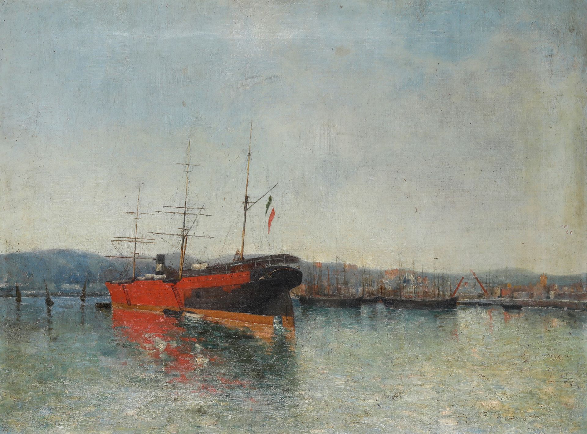 Agostino Fossati 1830-1904, attribuito a Port avec bateaux L 80 - H 60 cm Huile &hellip;