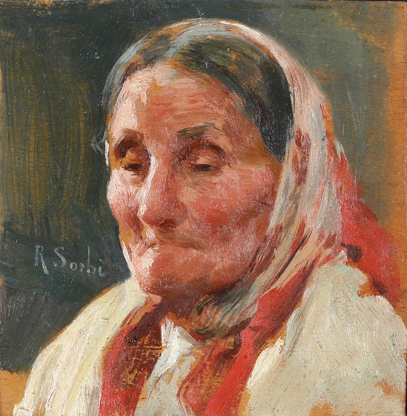 Raffaello Sorbi 1844-1931 Femme âgée signée à gauche L 8 - H 8 cm huile sur pann&hellip;