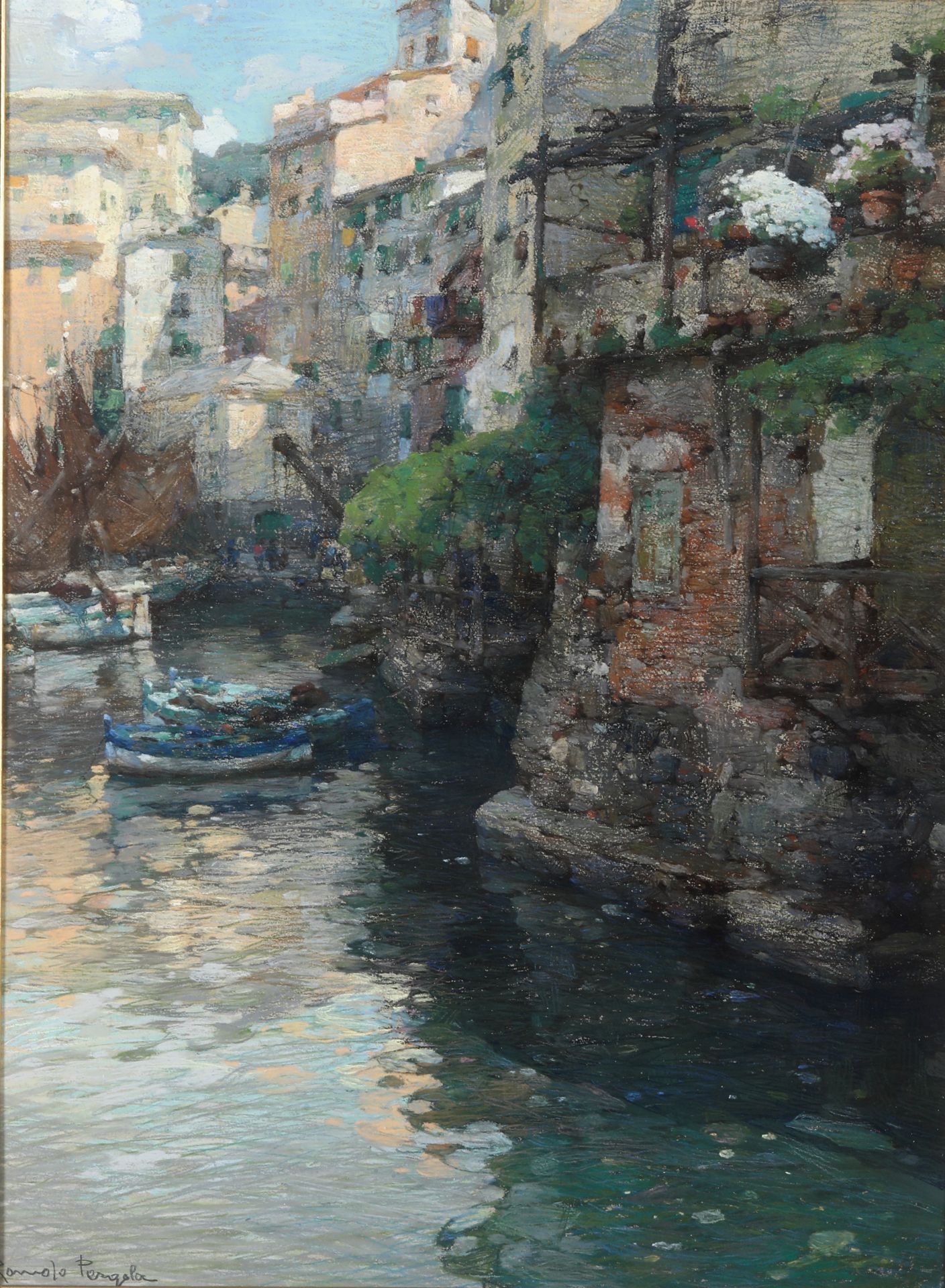 Romolo Pergola 1890-1960 左下方有签名的海港景观 宽 49 - 高 65 厘米 布面油画