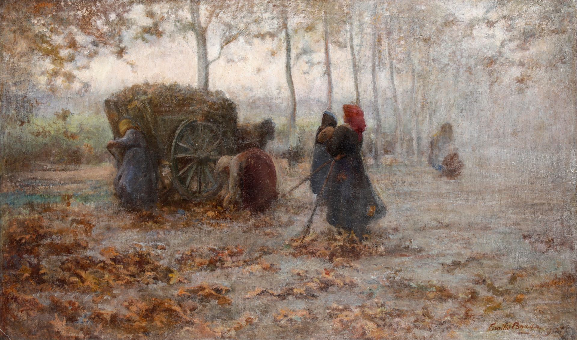 Emilio Borsa 1857-1931 雾景中的马车与农民 右下方有签名 Cm 187X112 布面油画