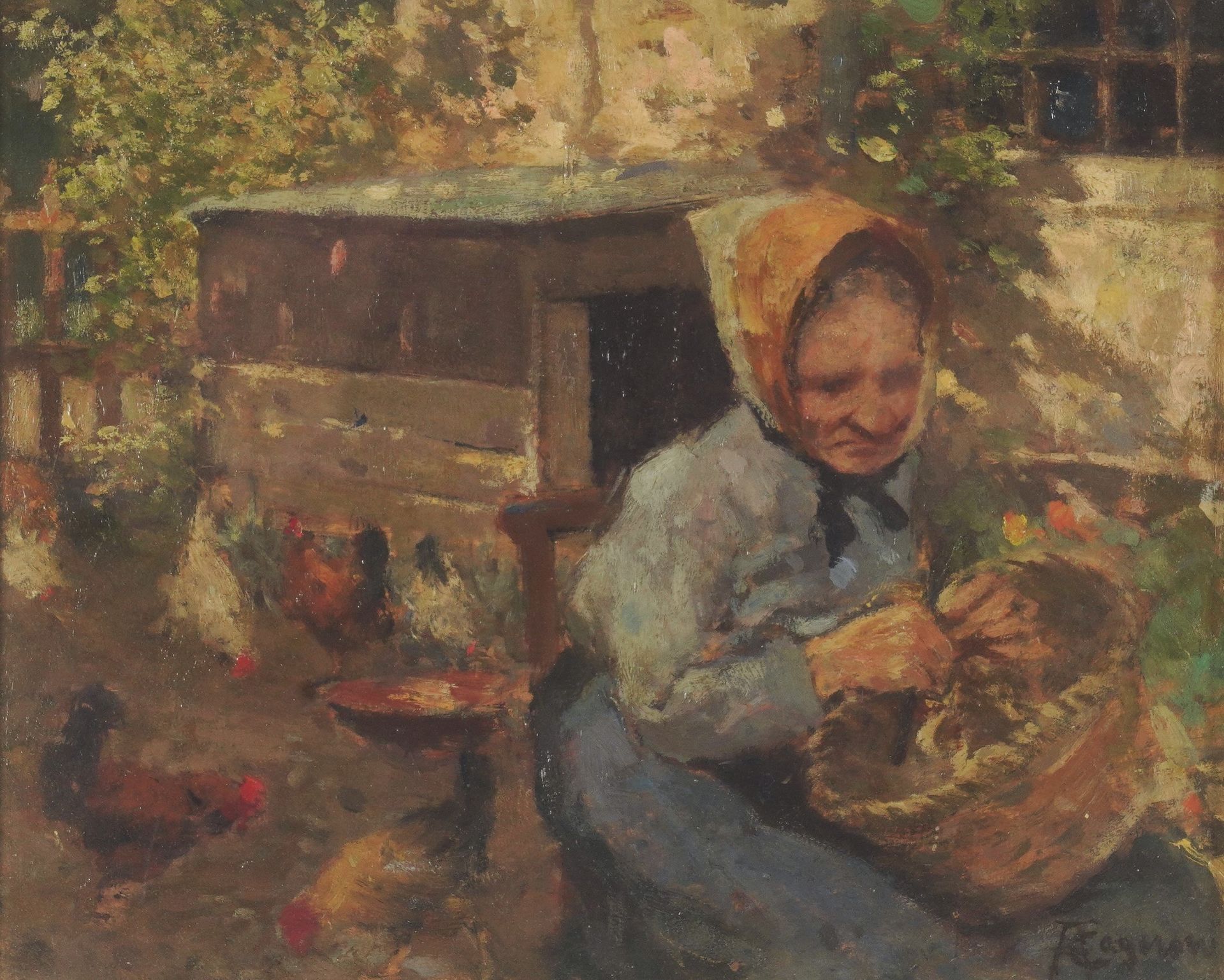 Amerino Cagnoni 1855-1923 Elderly woman and chickens signed lower right Cm 29X35&hellip;