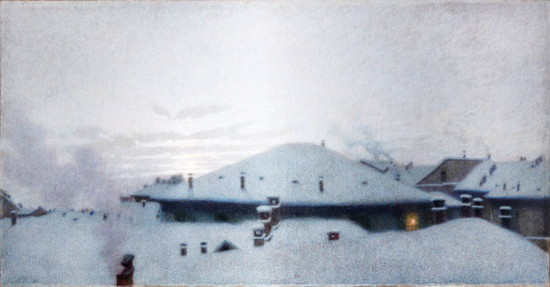 Angelo Morbelli 1853-1919 雪下的屋顶》，1912 年，左下方有签名和日期 展览：1949 年，米兰，Famiglia Artistic&hellip;