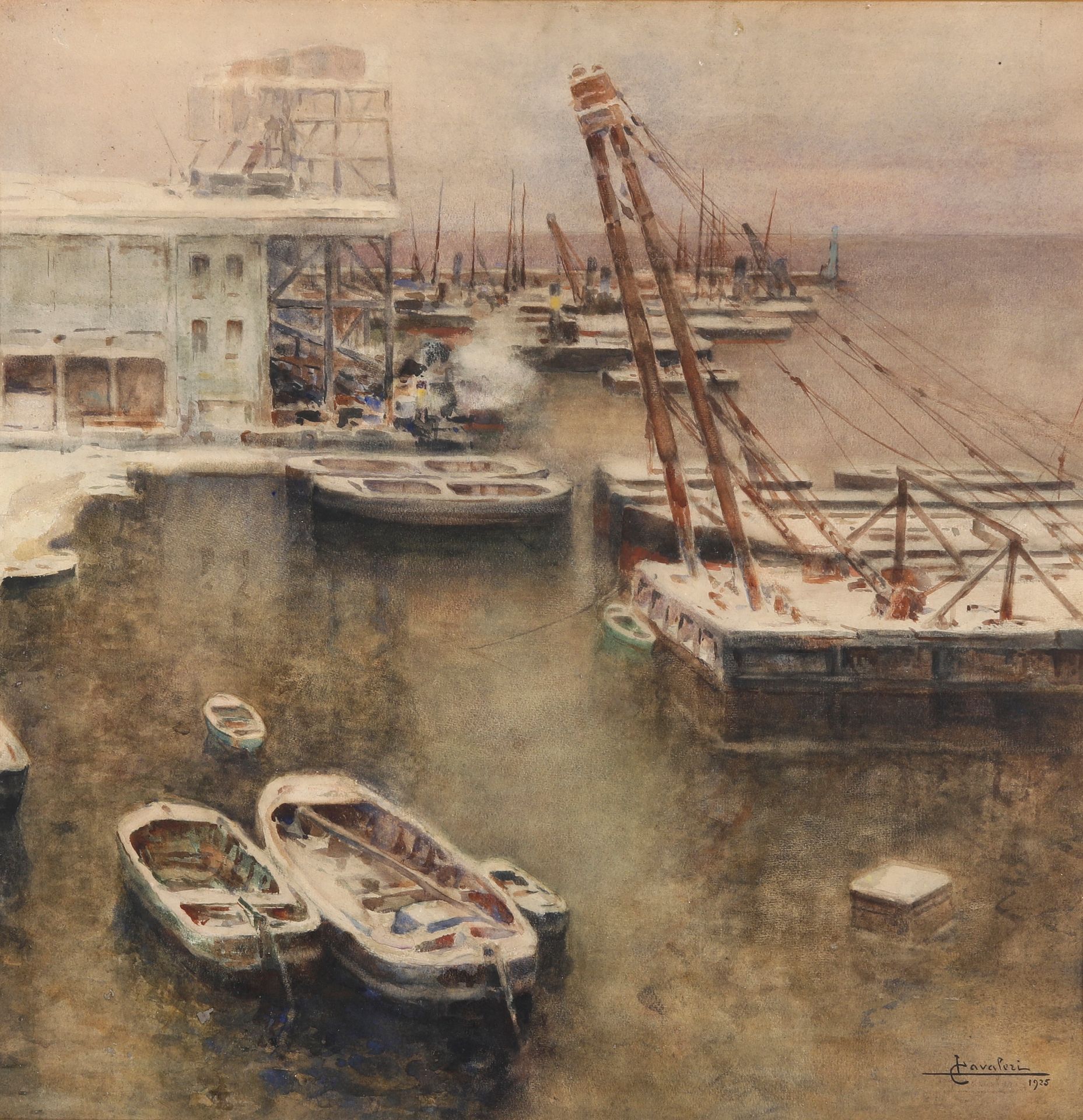 Ludovico Cavaleri 1867-1942 雪中海港（萨沃纳），右下方有签名 宽 70 - 高 70 厘米 水彩画