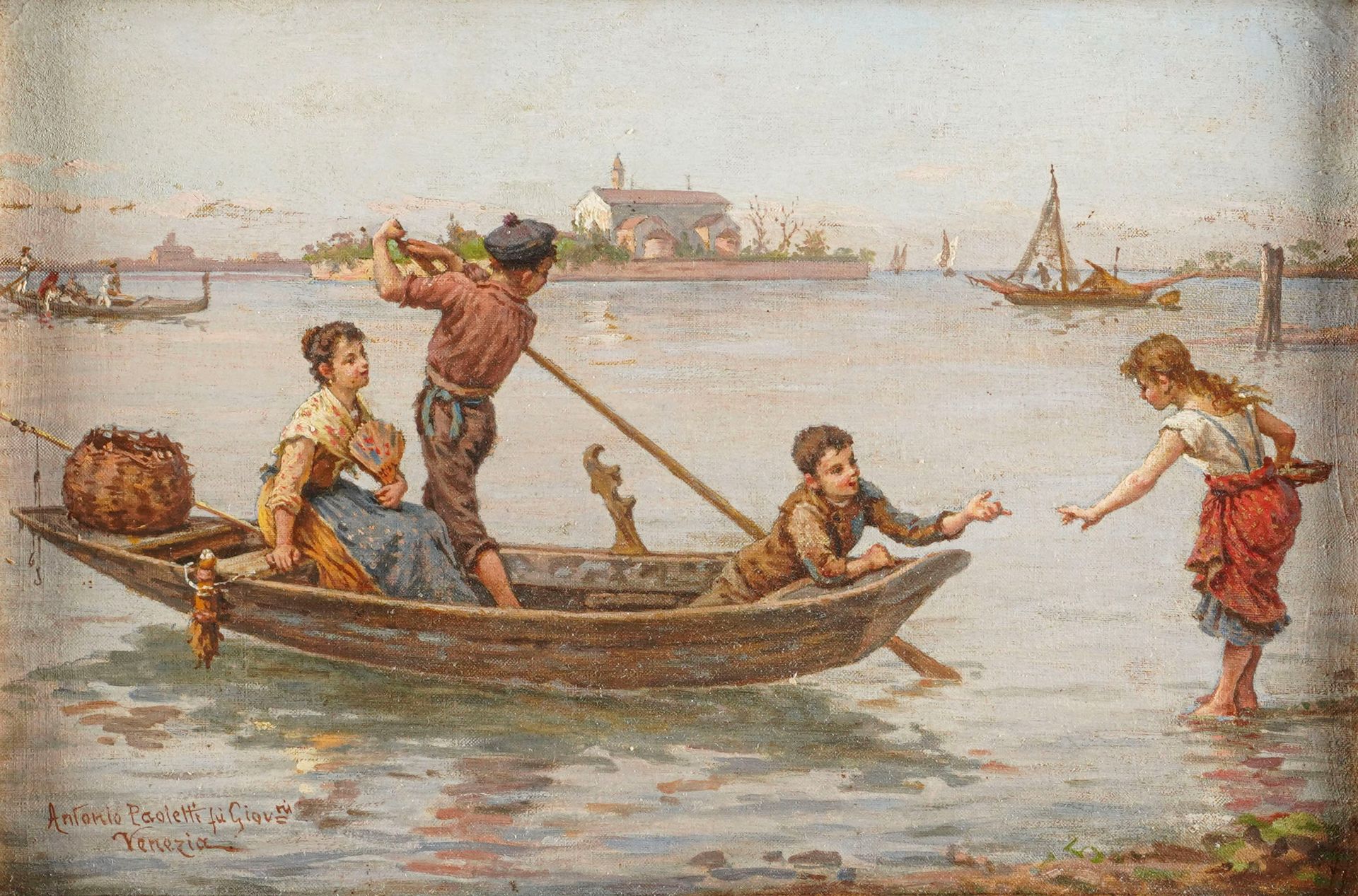 Antonio Ermolao Paoletti 1834-1912 Retour de pêche dans la lagune signé en bas à&hellip;