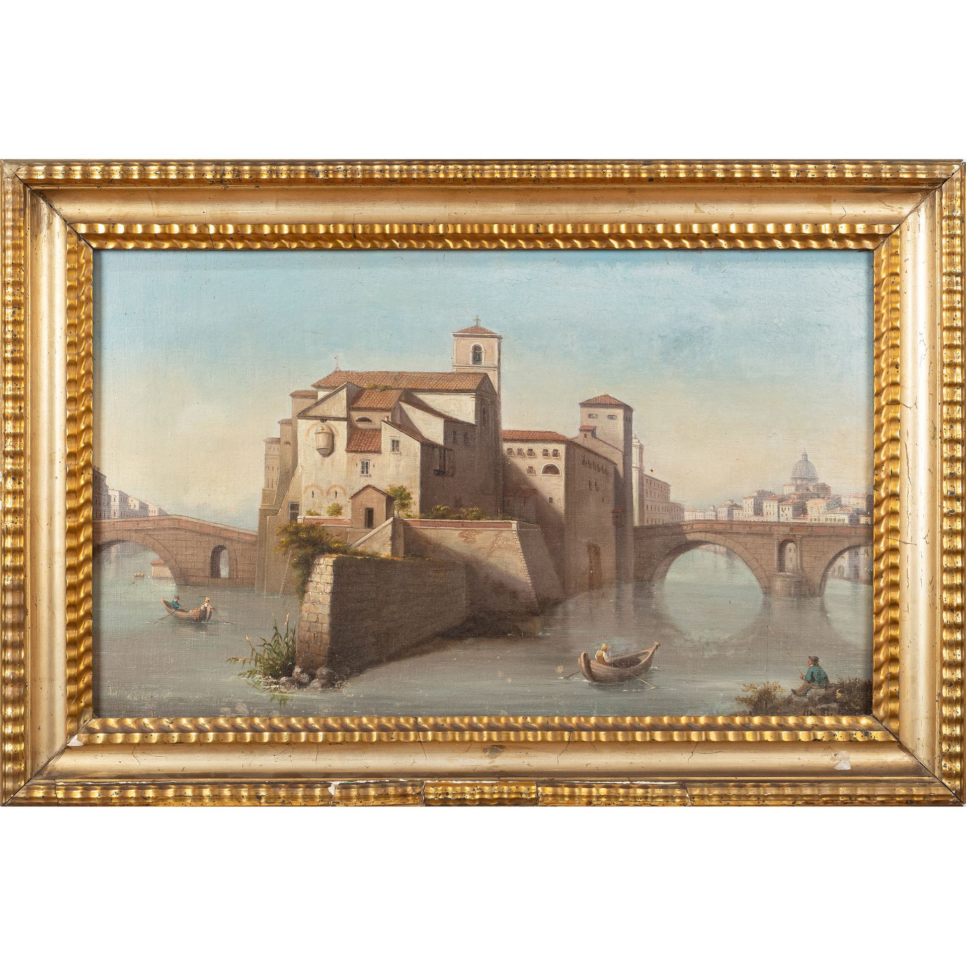 Roman painter 19th century 36x61 cm. "台伯岛风光"，布面油画，右下角有签名和日期，有框架的1887年