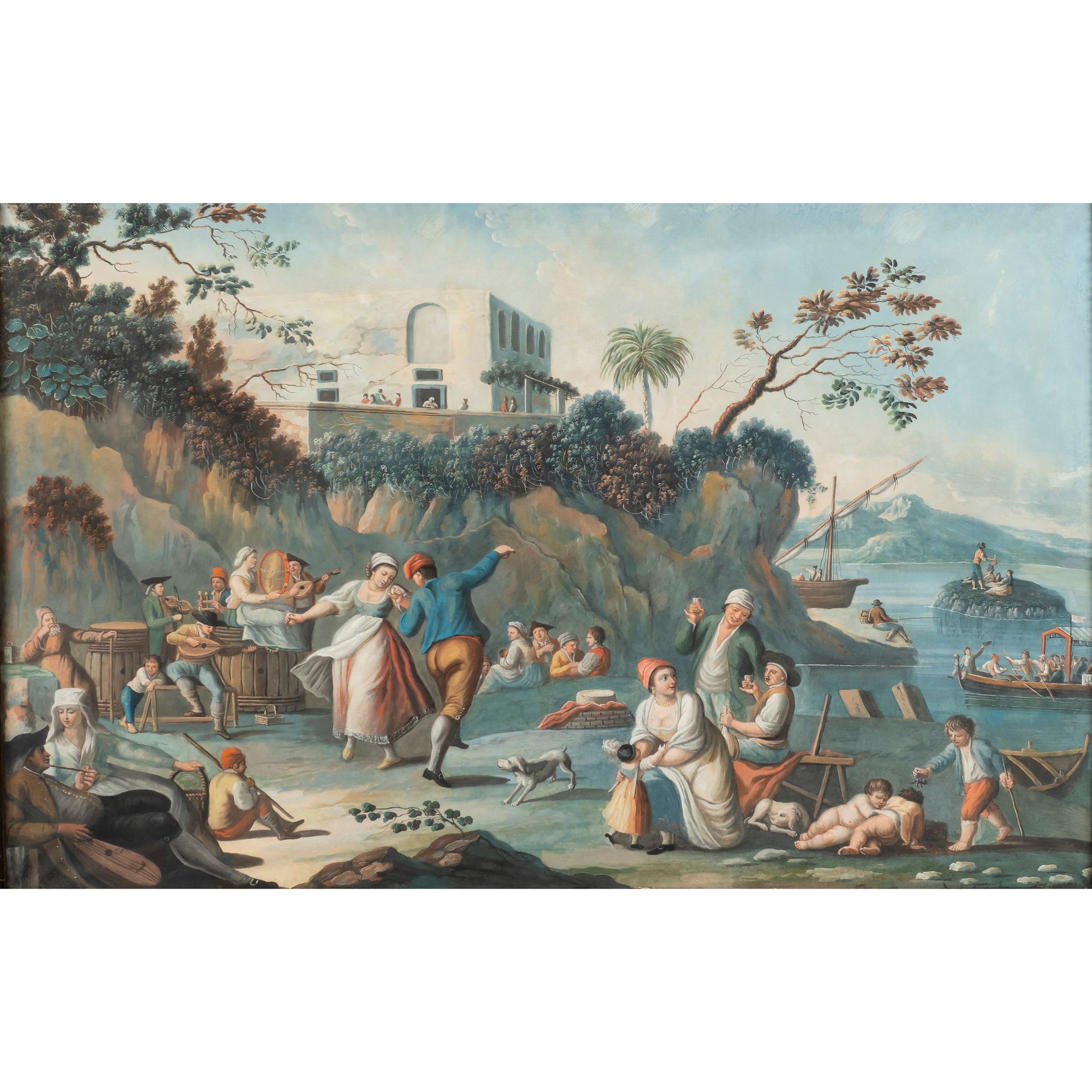 Roman school 19th century 51x81 cm.V "流行的节日场景与舞蹈人物》，纸上钢笔画，画布上，镀金木框内
