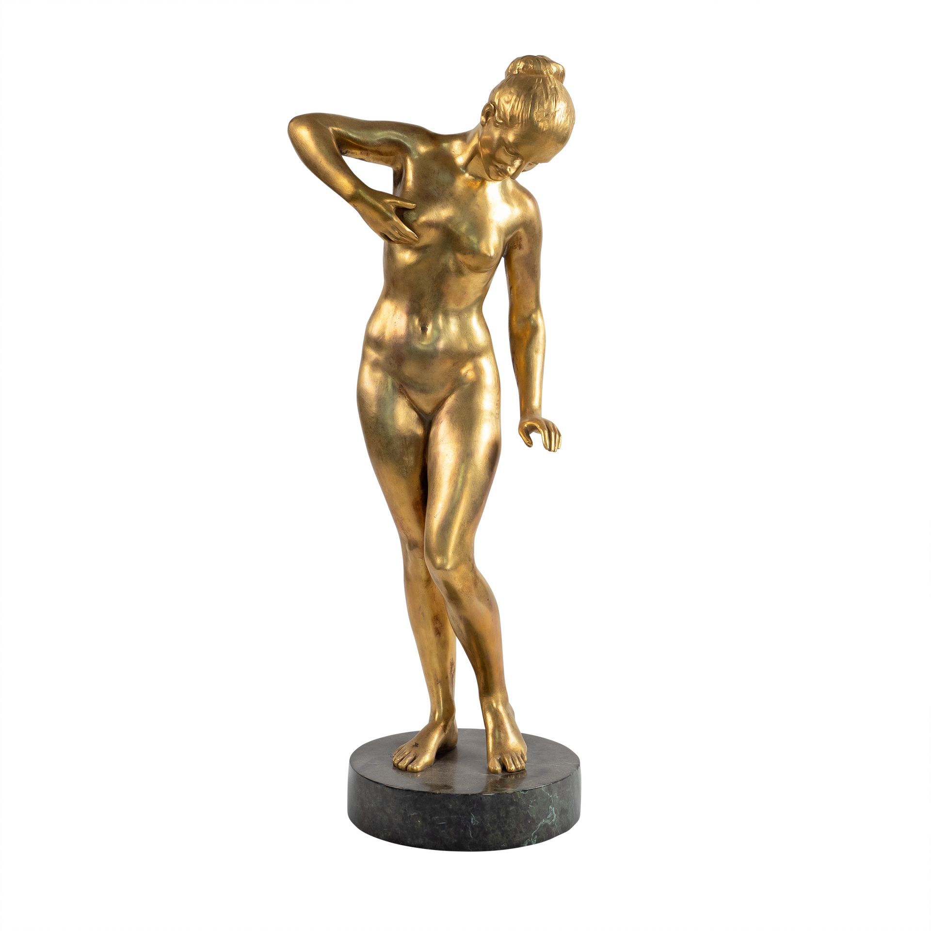 Gilt bronze sculpture Italy, early 20th century 54x16 cm. 描绘维纳斯的作品，放置在圆形大理石底座上，签&hellip;